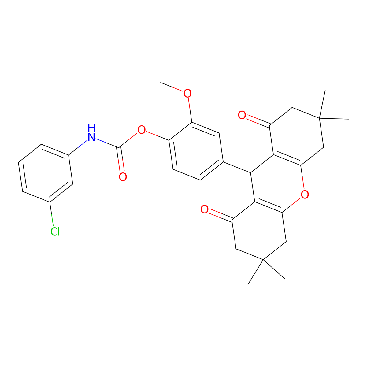 2-methoxy-4-(3,3,6,6-tetramethyl-1,8-dioxo-2,3,4,5,6,7,8,9-octahydro-1H-xanthen-9-yl)phenyl (3-chlorophenyl)carbamate molecular structure, CAS 309279-52-5
