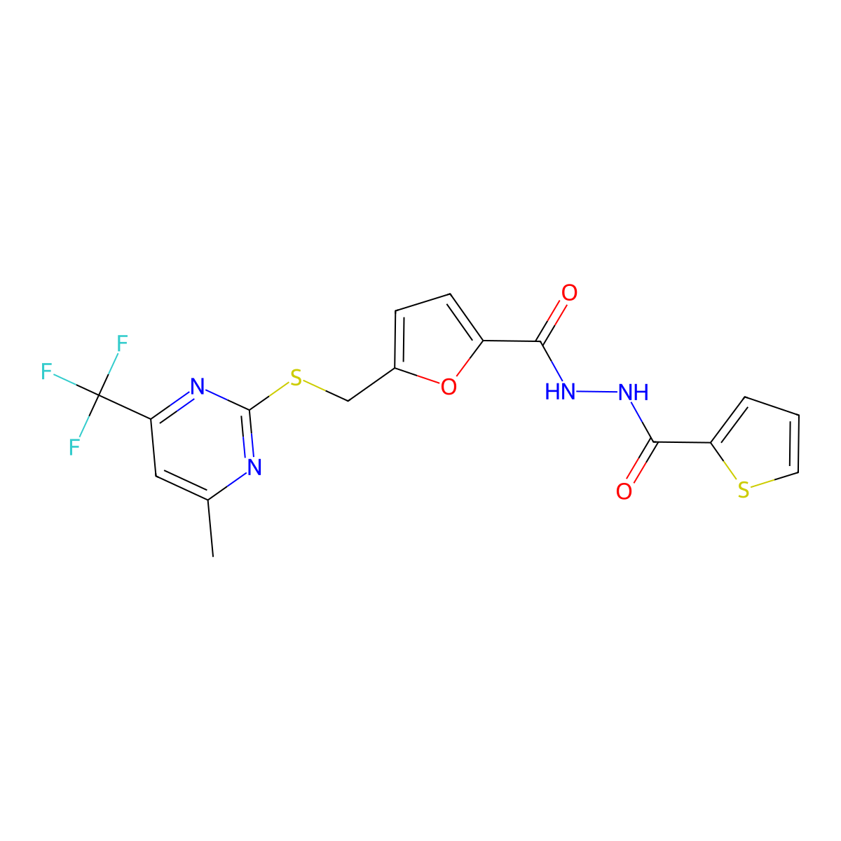 5-[[[4-Methyl-6-(trifluoromethyl)-2-pyrimidinyl]thio]methyl]-2-furancarboxylic acid 2-(2-thienylcarbonyl)hydrazide molecular structure, CAS 309279-81-0