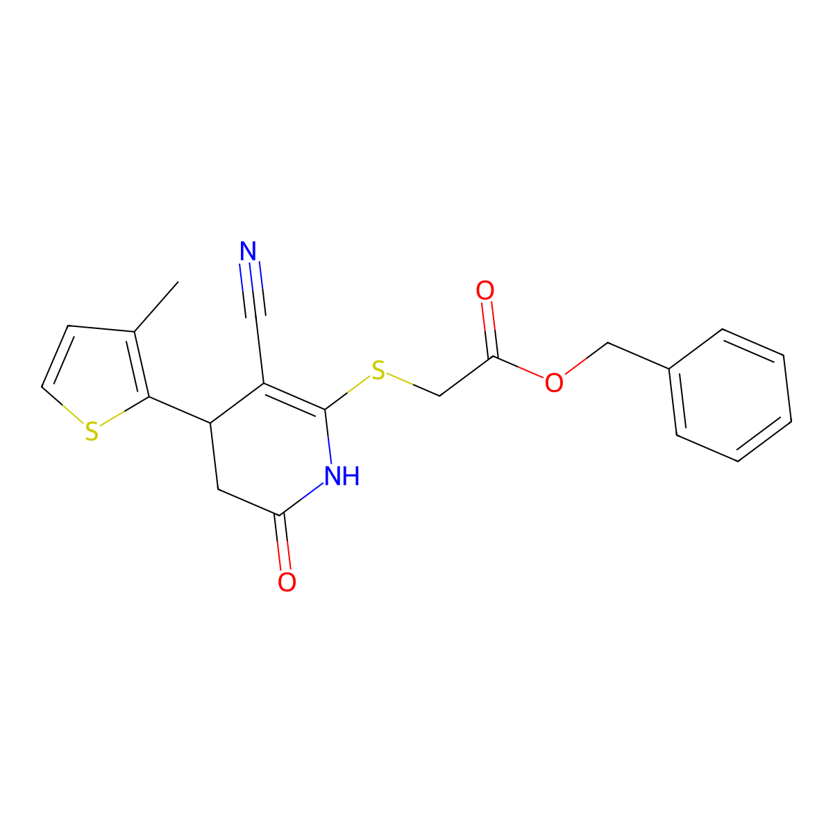 Benzyl {[3-cyano-4-(3-methylthiophen-2-yl)-6-oxo-1,4,5,6-tetrahydropyridin-2-yl]sulfanyl}acetate molecular structure, CAS 309280-00-0