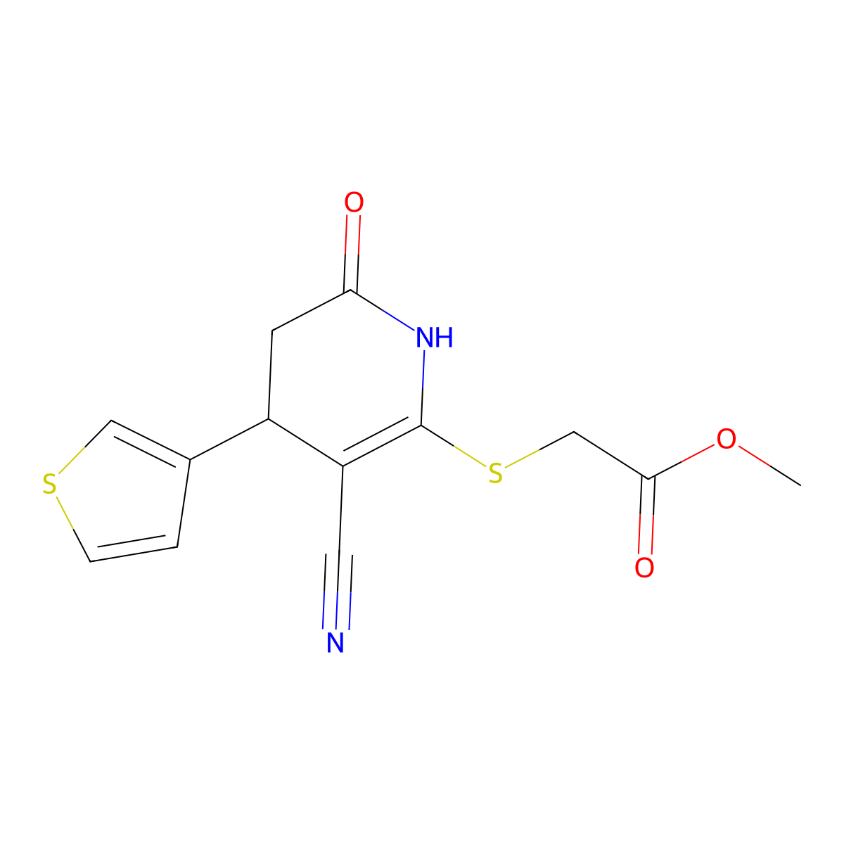 Methyl {[3-cyano-6-oxo-4-(thiophen-3-yl)-1,4,5,6-tetrahydropyridin-2-yl]sulfanyl}acetate molecular structure, CAS 309280-06-6