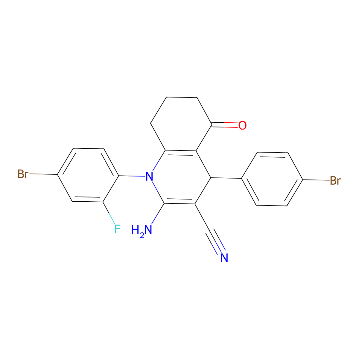 2-Amino-1-(4-bromo-2-fluorophenyl)-4-(4-bromophenyl)-5-oxo-1,4,5,6,7,8-hexahydro-3-quinolinecarbonitrile molecular structure, CAS 309281-13-8