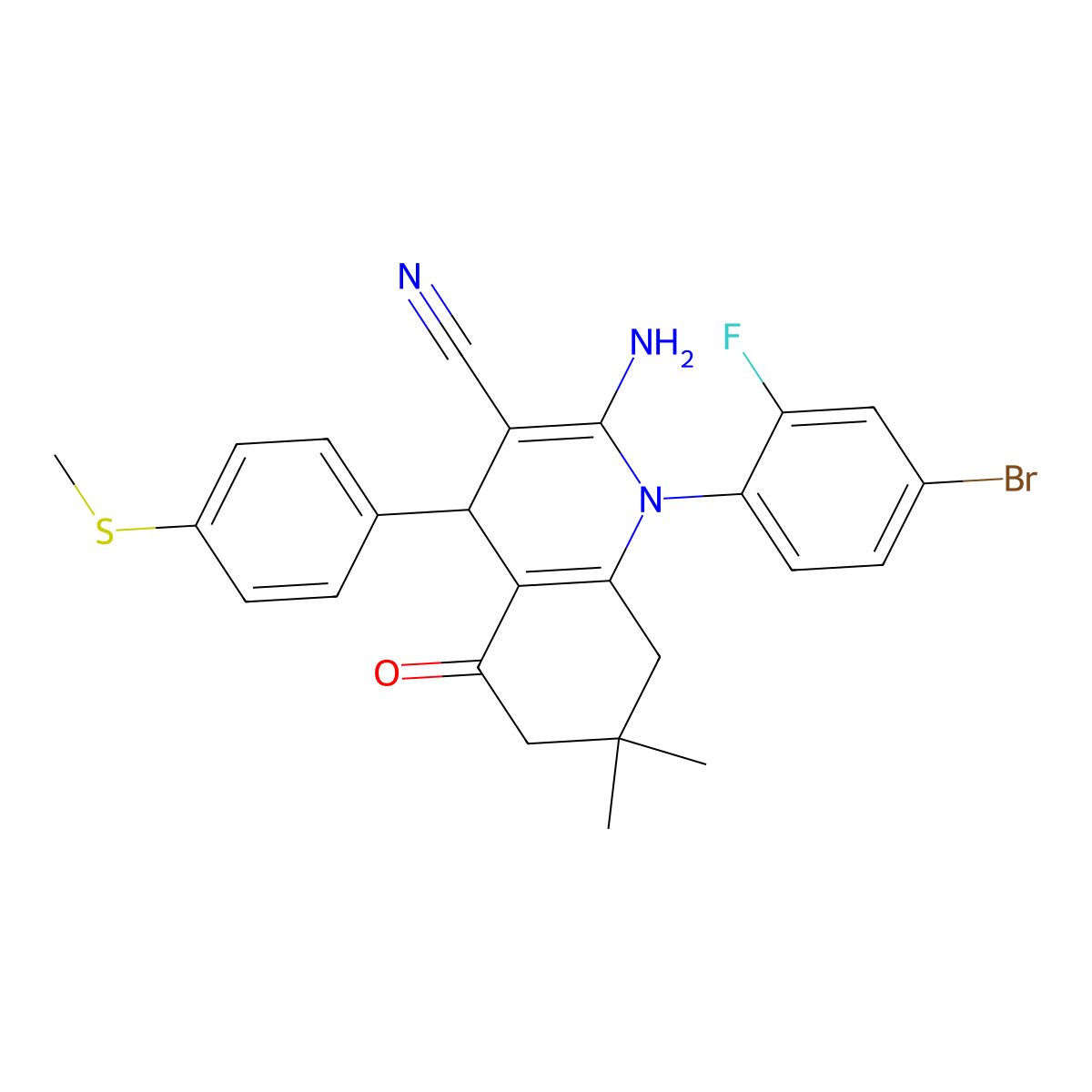 2-Amino-1-(4-bromo-2-fluorophenyl)-7,7-dimethyl-4-(4-(methylsulfanyl)phenyl)-5-oxo-1,4,5,6,7,8-hexahydro-3-quinolinecarbonitrile molecular structure, CAS 309281-16-1