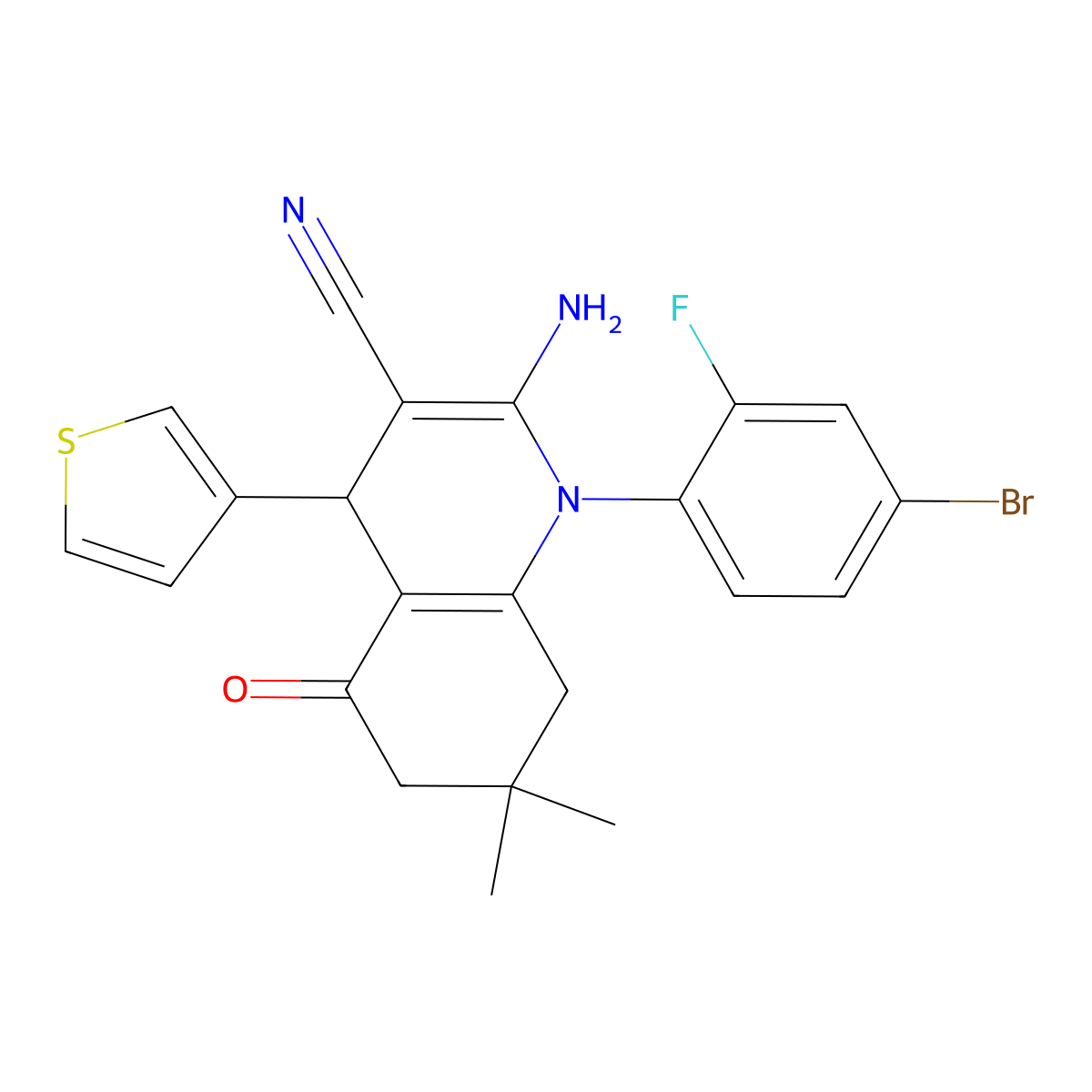 2-Amino-1-(4-bromo-2-fluorophenyl)-7,7-dimethyl-5-oxo-4-(3-thienyl)-1,4,5,6,7,8-hexahydro-3-quinolinecarbonitrile molecular structure, CAS 309281-17-2