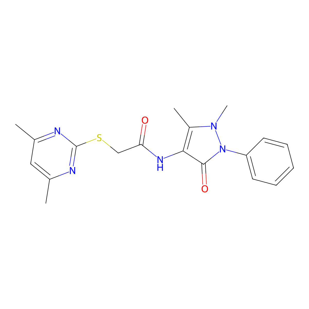 N-(1,5-dimethyl-3-oxo-2-phenylpyrazol-4-yl)-2-(4,6-dimethylpyrimidin-2-yl)sulfanylacetamide molecular structure, CAS 309282-64-2