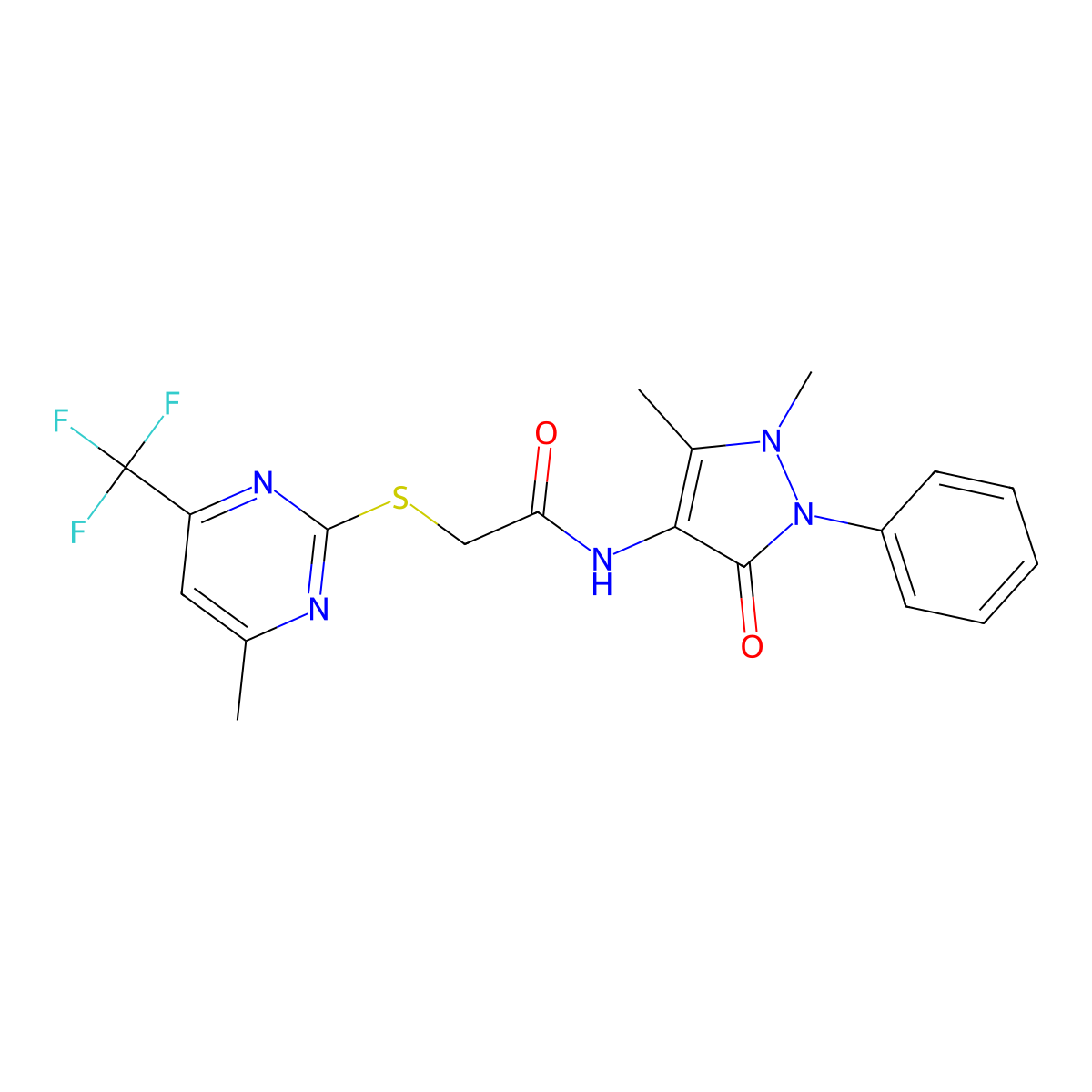 N-(1,5-dimethyl-3-oxo-2-phenyl-2,3-dihydro-1H-pyrazol-4-yl)-2-{[4-methyl-6-(trifluoromethyl)pyrimidin-2-yl]sulfanyl}acetamide molecular structure, CAS 309282-98-2