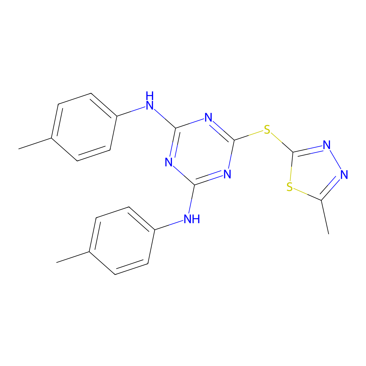 2-N,4-N-bis(4-methylphenyl)-6-[(5-methyl-1,3,4-thiadiazol-2-yl)sulfanyl]-1,3,5-triazine-2,4-diamine molecular structure, CAS 309283-36-1