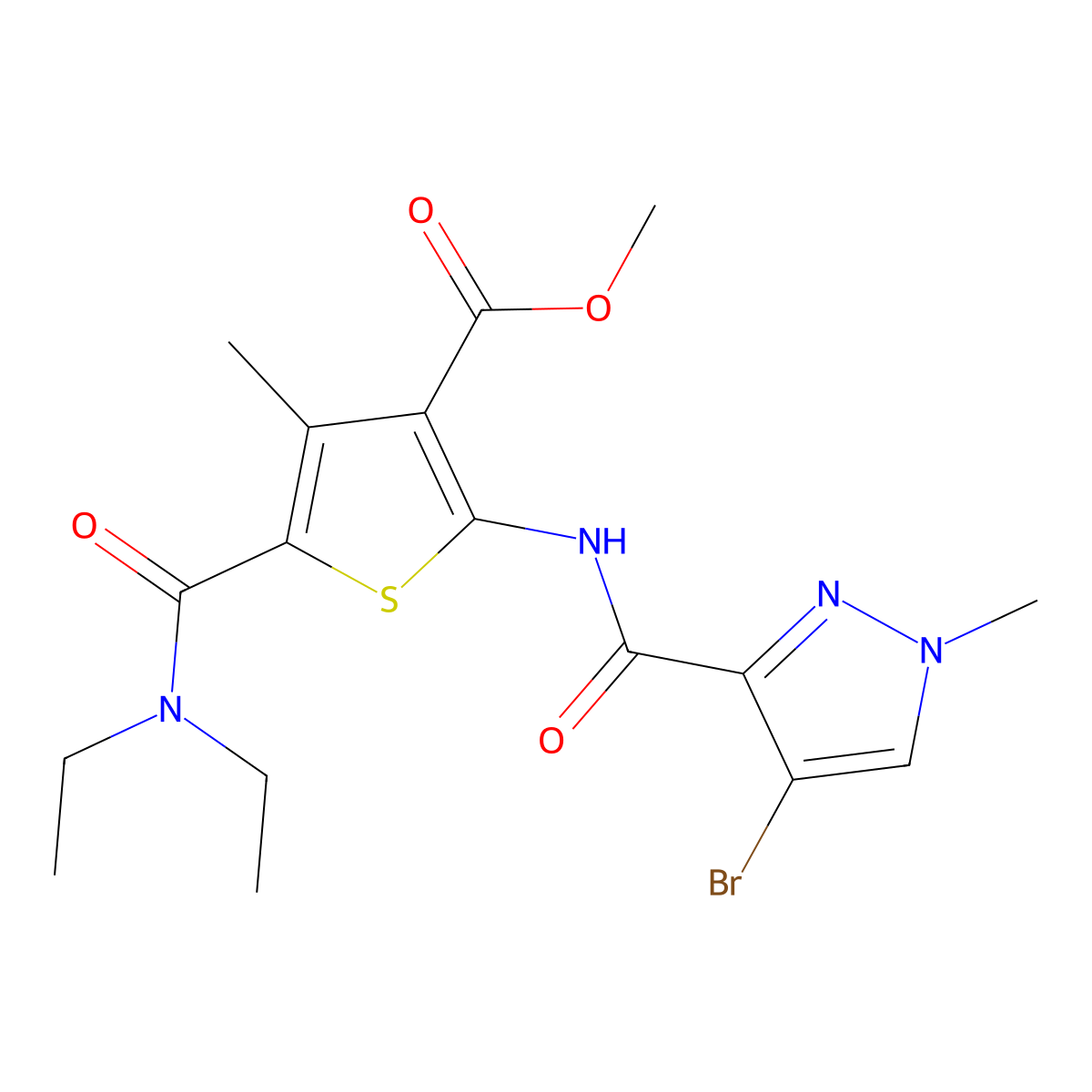 methyl 2-(4-bromo-1-methyl-1H-pyrazole-3-carboxamido)-5-(diethylcarbamoyl)-4-methylthiophene-3-carboxylate molecular structure, CAS 309285-91-4