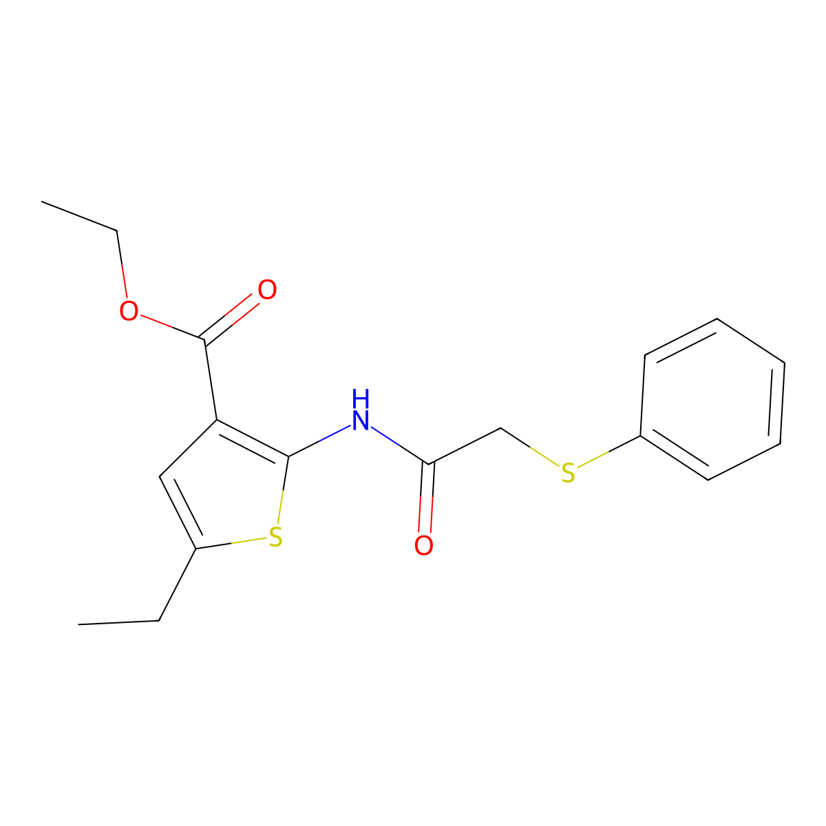 Ethyl 5-ethyl-2-{[(phenylsulfanyl)acetyl]amino}-3-thiophenecarboxylate molecular structure, CAS 309286-81-5
