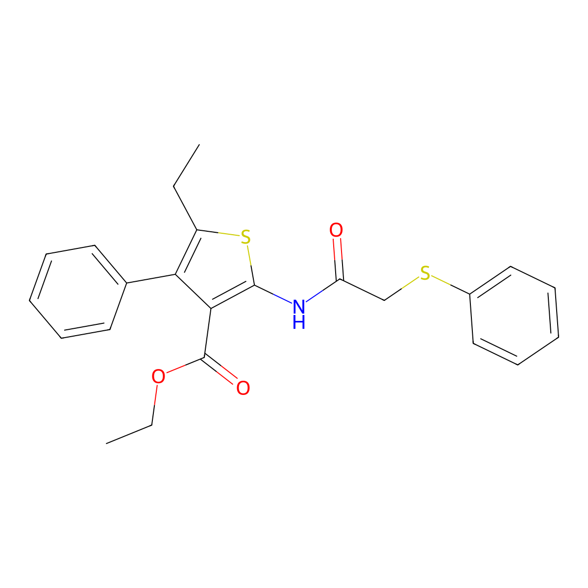 Ethyl 5-ethyl-4-phenyl-2-{[(phenylsulfanyl)acetyl]amino}-3-thiophenecarboxylate molecular structure, CAS 309286-82-6