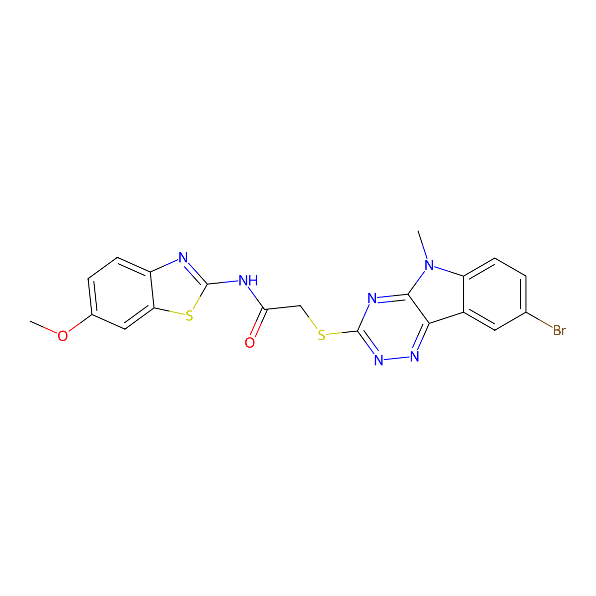 2-[(8-bromo-5-methyl-[1,2,4]triazino[5,6-b]indol-3-yl)sulfanyl]-N-(6-methoxy-1,3-benzothiazol-2-yl)acetamide molecular structure, CAS 309287-07-8