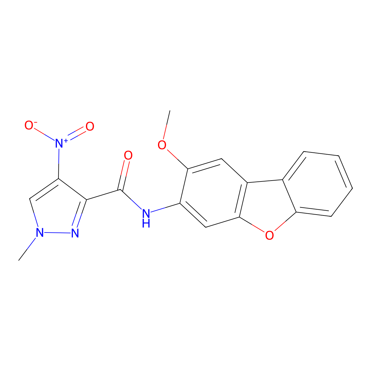 N-(2-methoxydibenzofuran-3-yl)-1-methyl-4-nitropyrazole-3-carboxamide molecular structure, CAS 309287-55-6