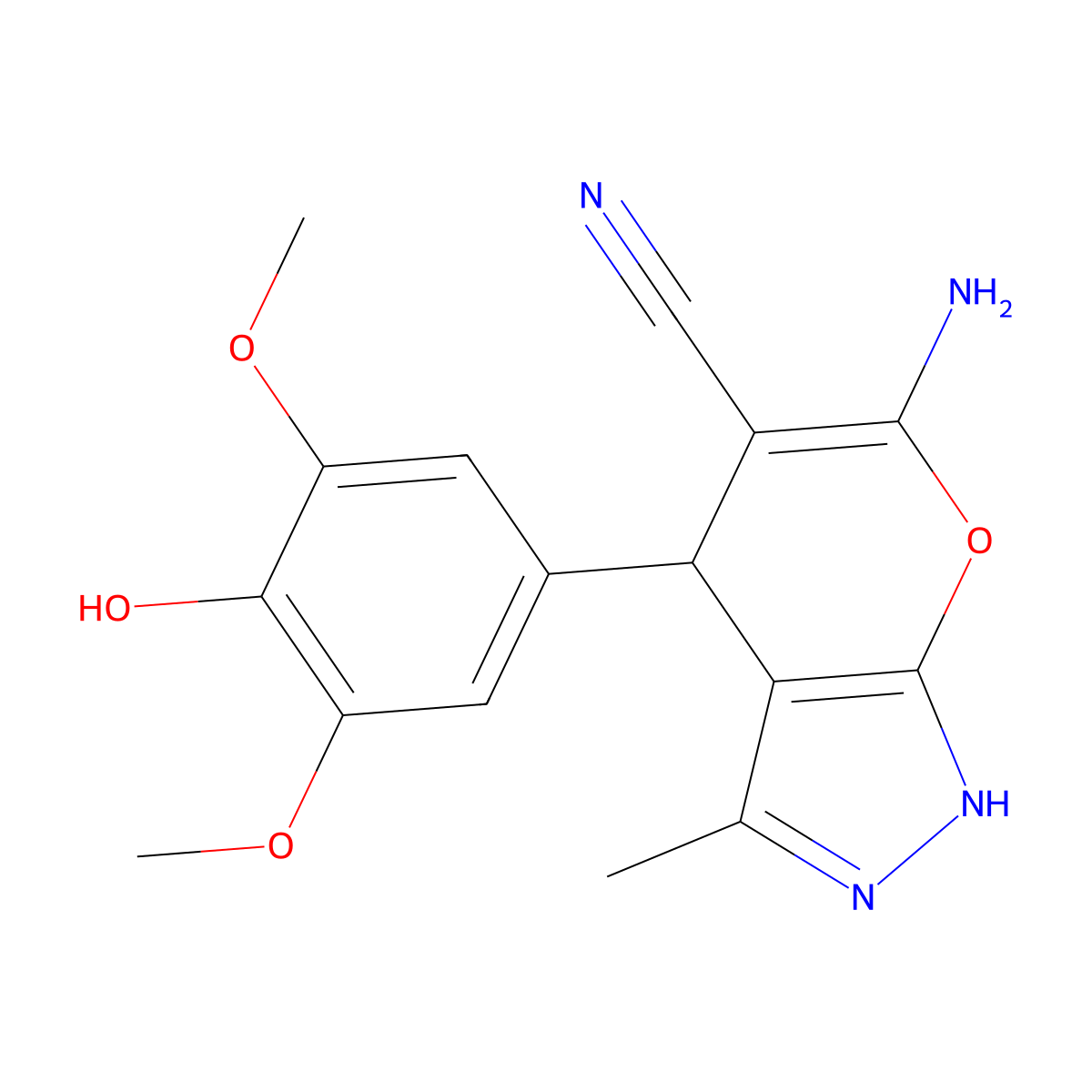 6-Amino-4-(4-hydroxy-3,5-dimethoxyphenyl)-3-methyl-1,4-dihydropyrano[2,3-c]pyrazole-5-carbonitrile molecular structure, CAS 309288-82-2