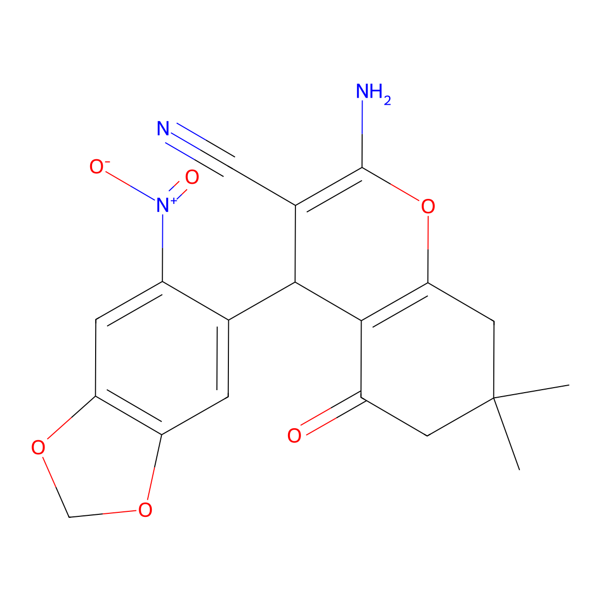 2-Amino-7,7-dimethyl-4-(6-nitro-benzo[1,3]dioxol-5-yl)-5-oxo-5,6,7,8-tetrahydro-4H-chromene-3-carbonitrile molecular structure, CAS 309289-79-0