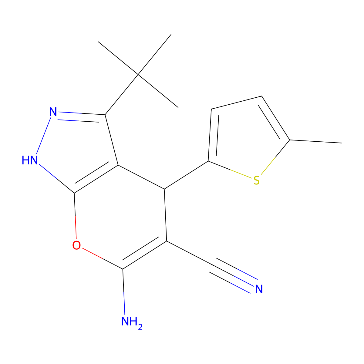 6-Amino-3-tert-butyl-4-(5-methyl-2-thienyl)-1,4-dihydropyrano[2,3-c]pyrazole-5-carbonitrile molecular structure, CAS 309289-81-4