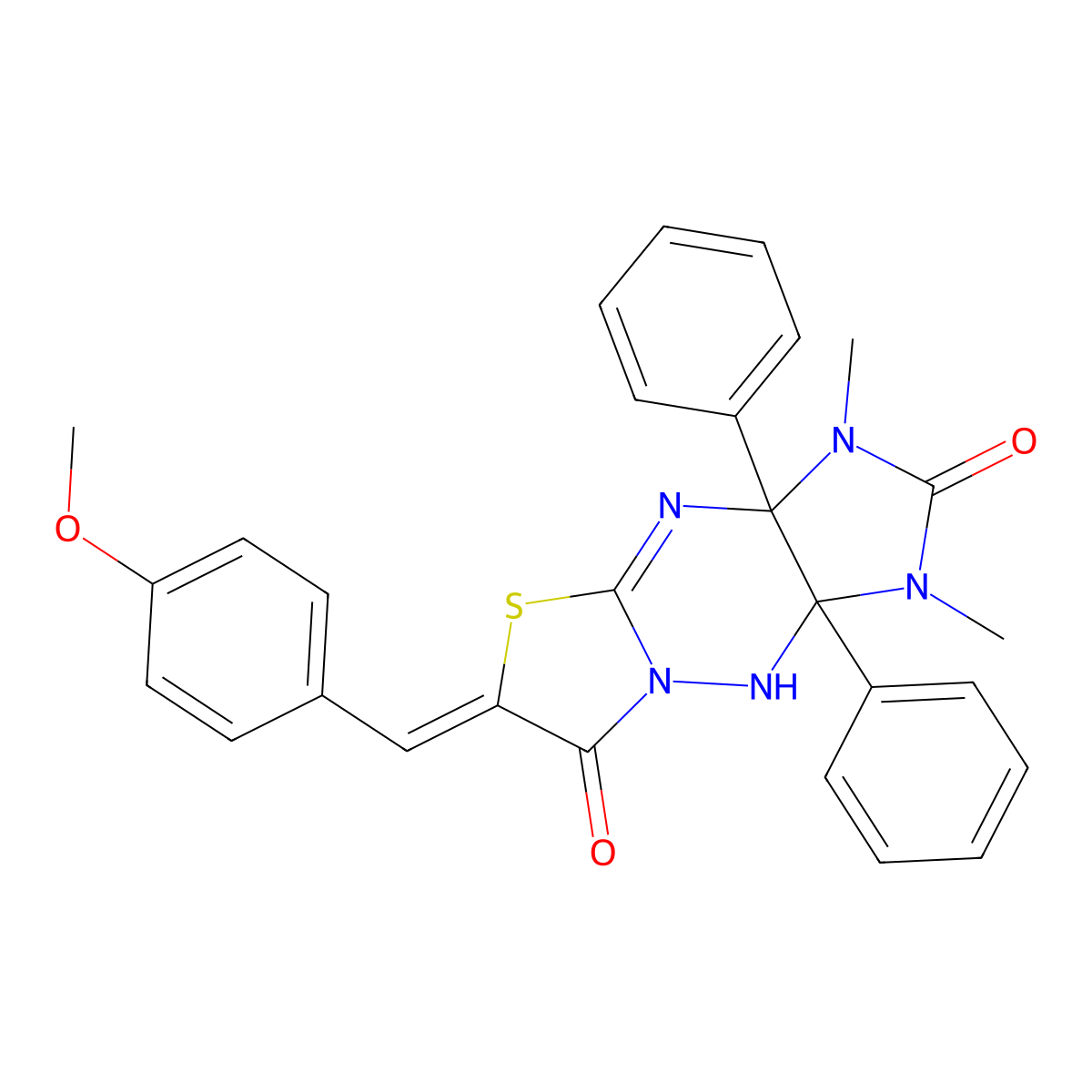 3,3a,9,9a-Tetrahydro-6-[(4-methoxyphenyl)methylene]-1,3-dimethyl-3a,9a-diphenylimidazo[4,5-e]thiazolo[3,2-b][1,2,4]triazine-2,7(1H,6H)-dione molecular structure, CAS 309290-00-4