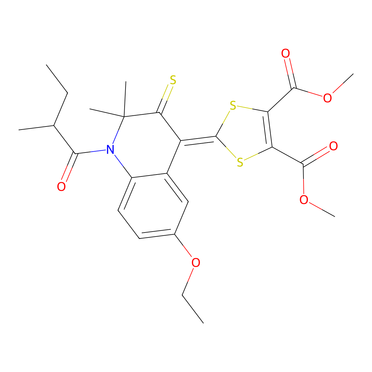 Dimethyl 2-[6-ethoxy-2,2-dimethyl-1-(2-methylbutanoyl)-3-sulfanylidenequinolin-4-ylidene]-1,3-dithiole-4,5-dicarboxylate molecular structure, CAS 309291-47-2