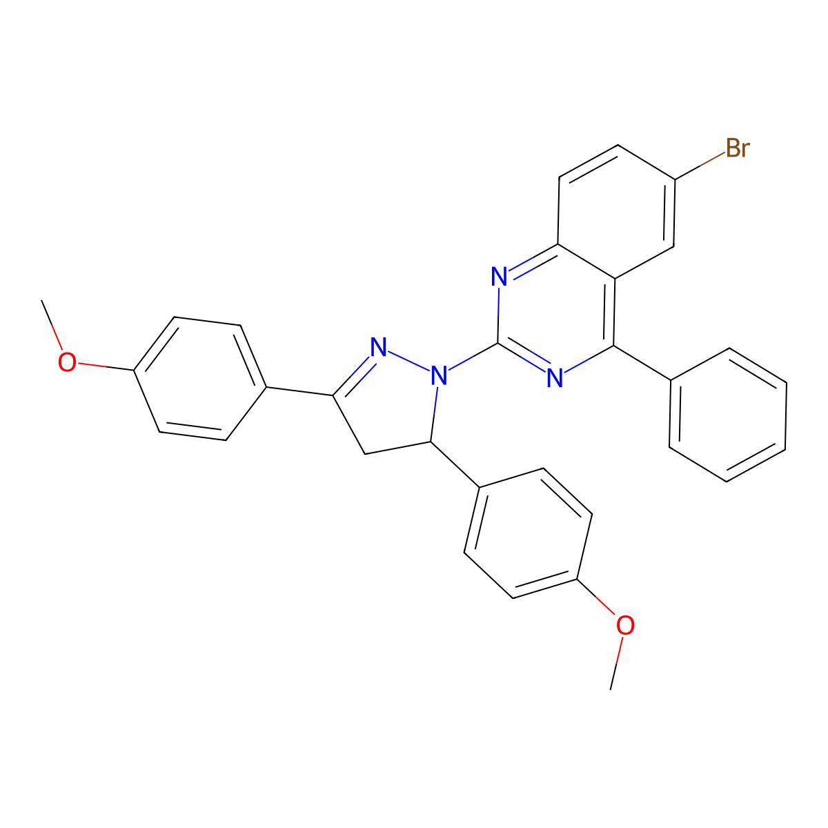 2-[3,5-bis(4-methoxyphenyl)-4,5-dihydro-1H-pyrazol-1-yl]-6-bromo-4-phenylquinazoline molecular structure, CAS 309292-90-8