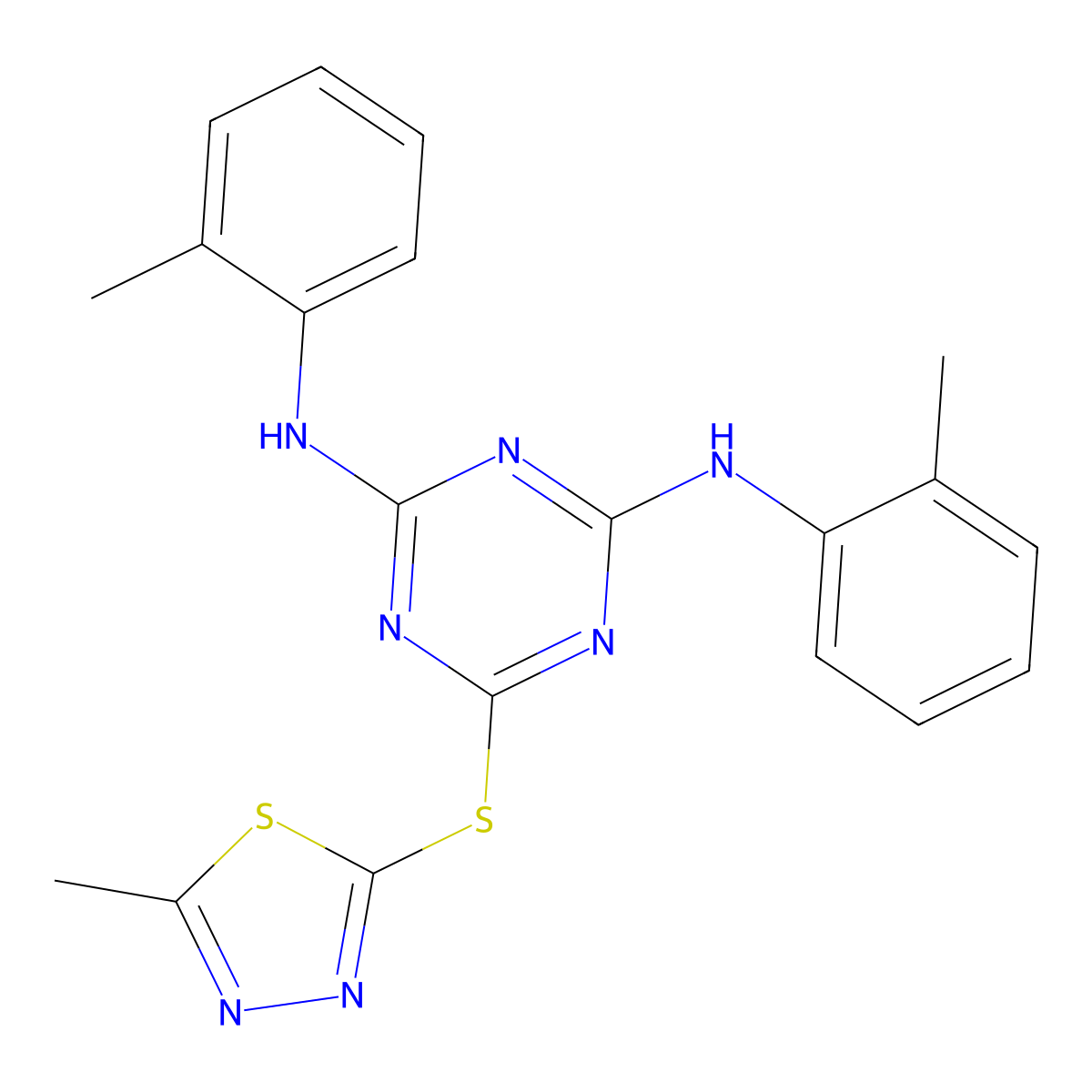 N,N'-bis(2-methylphenyl)-6-[(5-methyl-1,3,4-thiadiazol-2-yl)sulfanyl]-1,3,5-triazine-2,4-diamine molecular structure, CAS 309293-43-4