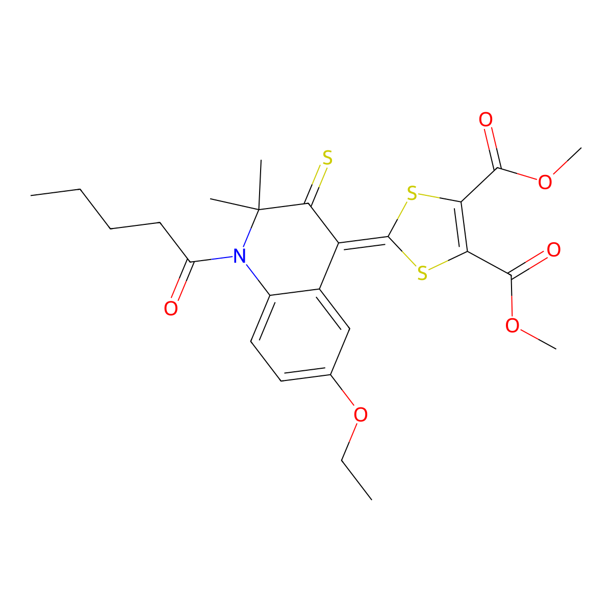 dimethyl 2-(6-ethoxy-2,2-dimethyl-1-pentanoyl-3-thioxo-2,3-dihydroquinolin-4(1H)-ylidene)-1,3-dithiole-4,5-dicarboxylate molecular structure, CAS 309293-50-3