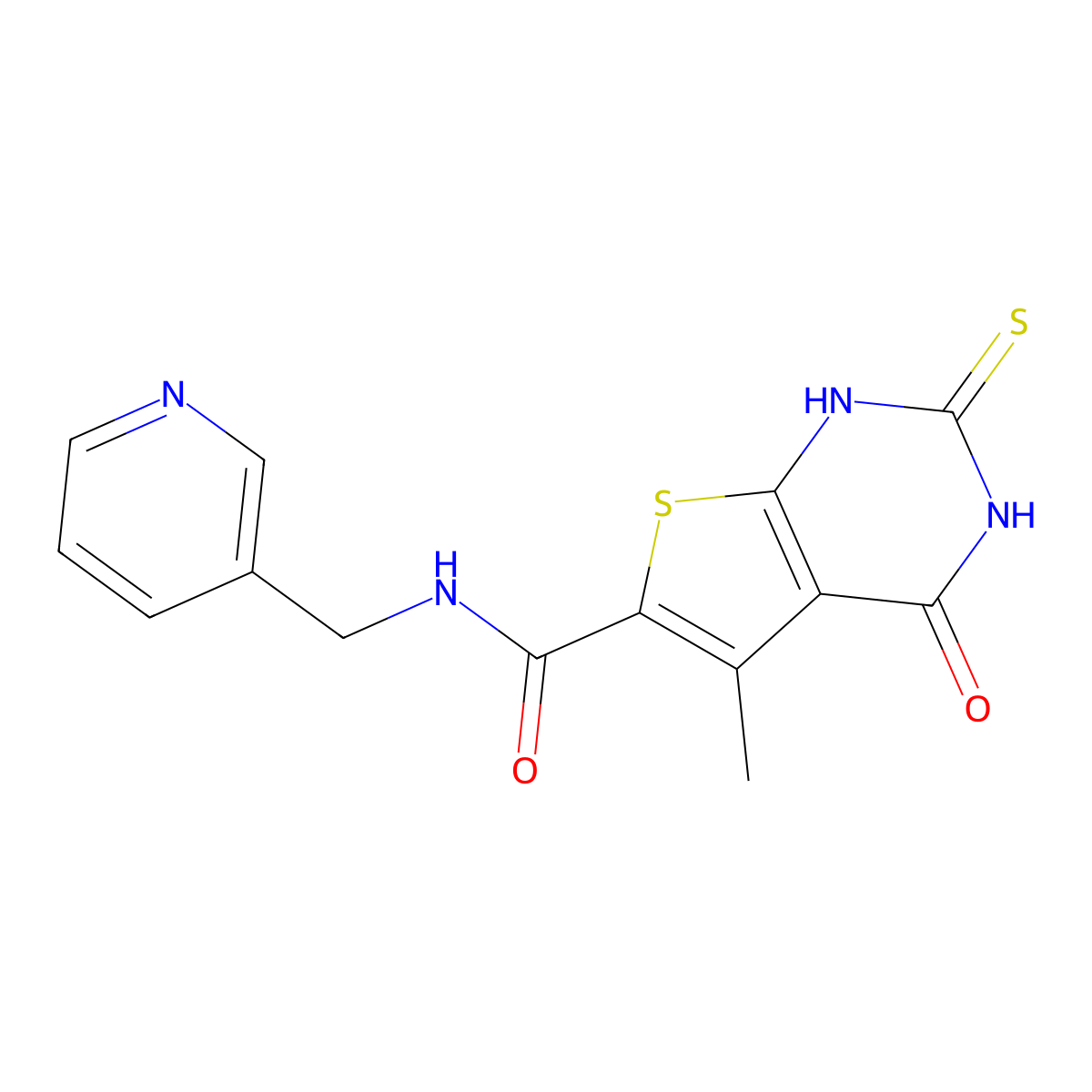 5-methyl-4-oxo-N-(pyridin-3-ylmethyl)-2-sulfanylidene-1H-thieno[2,3-d]pyrimidine-6-carboxamide molecular structure, CAS 3093182-34-1