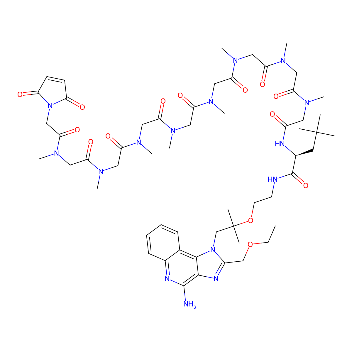 (2S)-N-[2-[1-[4-amino-2-(ethoxymethyl)imidazo[4,5-c]quinolin-1-yl]-2-methylpropan-2-yl]oxyethyl]-2-[[2-[[2-[[2-[[2-[[2-[[2-[[2-[[2-[[2-(2,5-dioxopyrrol-1-yl)acetyl]-methylamino]acetyl]-methylamino]acetyl]-methylamino]acetyl]-methylamino]acetyl]-methylamino]acetyl]-methylamino]acetyl]-methylamino]acetyl]-methylamino]acetyl]amino]-4,4-dimethylpentanamide molecular structure, CAS 3093296-36-4