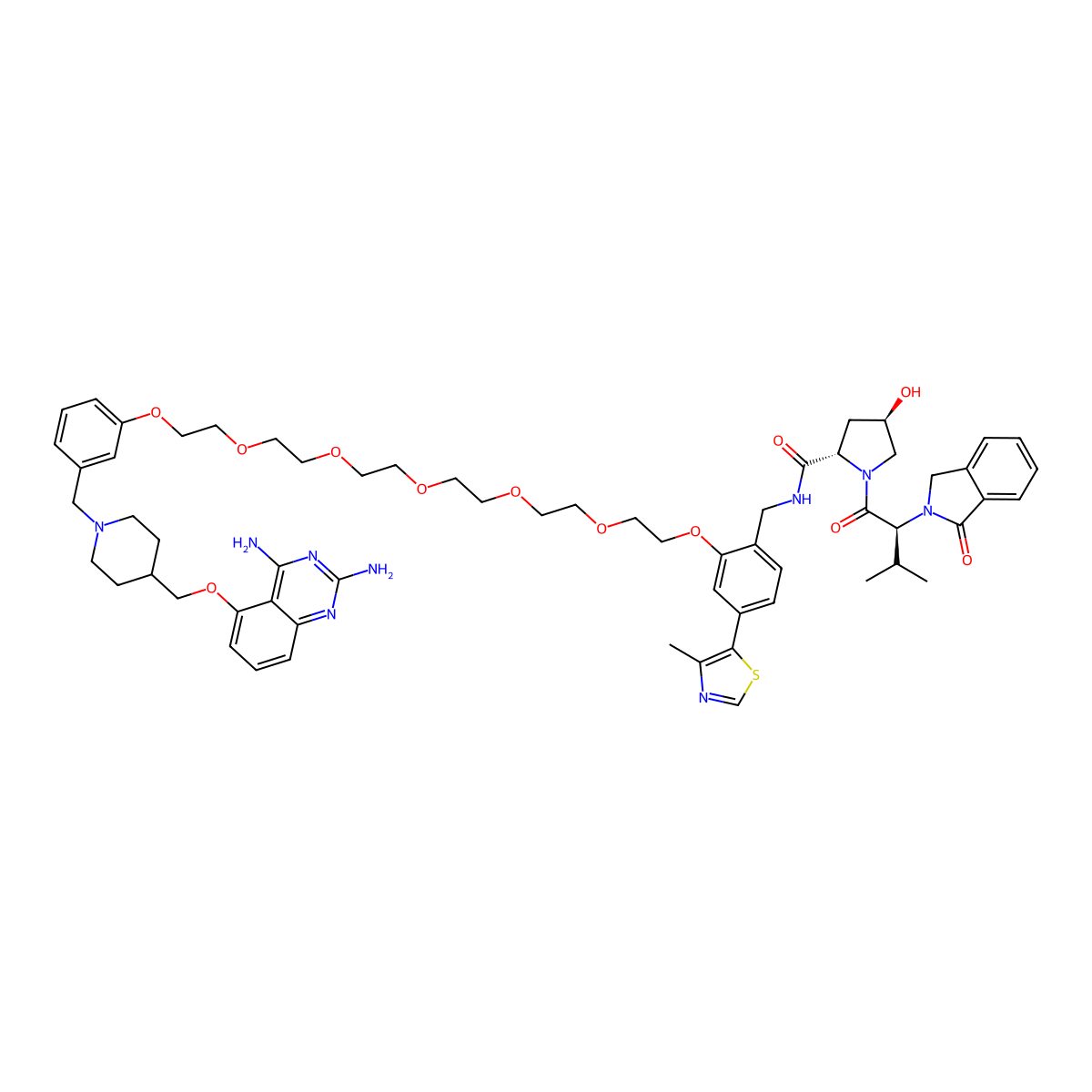 (2S,4R)-N-[[2-[2-[2-[2-[2-[2-[2-[3-[[4-[(2,4-diaminoquinazolin-5-yl)oxymethyl]piperidin-1-yl]methyl]phenoxy]ethoxy]ethoxy]ethoxy]ethoxy]ethoxy]ethoxy]-4-(4-methyl-1,3-thiazol-5-yl)phenyl]methyl]-4-hydroxy-1-[(2S)-3-methyl-2-(3-oxo-1H-isoindol-2-yl)butanoyl]pyrrolidine-2-carboxamide molecular structure, CAS 3093519-24-2