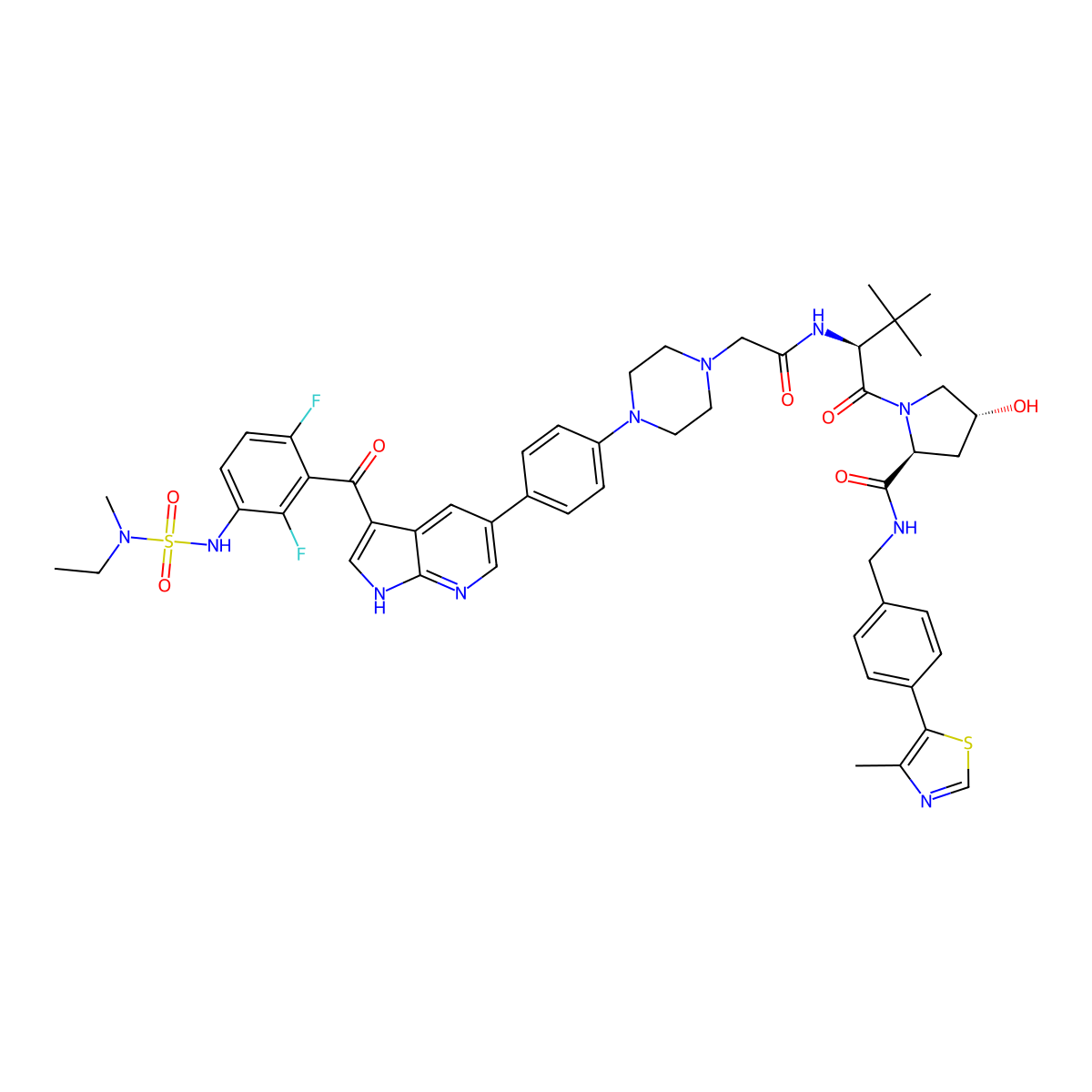 (2S,4R)-1-[(2S)-2-[[2-[4-[4-[3-[3-[[ethyl(methyl)sulfamoyl]amino]-2,6-difluorobenzoyl]-1H-pyrrolo[2,3-b]pyridin-5-yl]phenyl]piperazin-1-yl]acetyl]amino]-3,3-dimethylbutanoyl]-4-hydroxy-N-[[4-(4-methyl-1,3-thiazol-5-yl)phenyl]methyl]pyrrolidine-2-carboxamide molecular structure, CAS 3094183-98-6