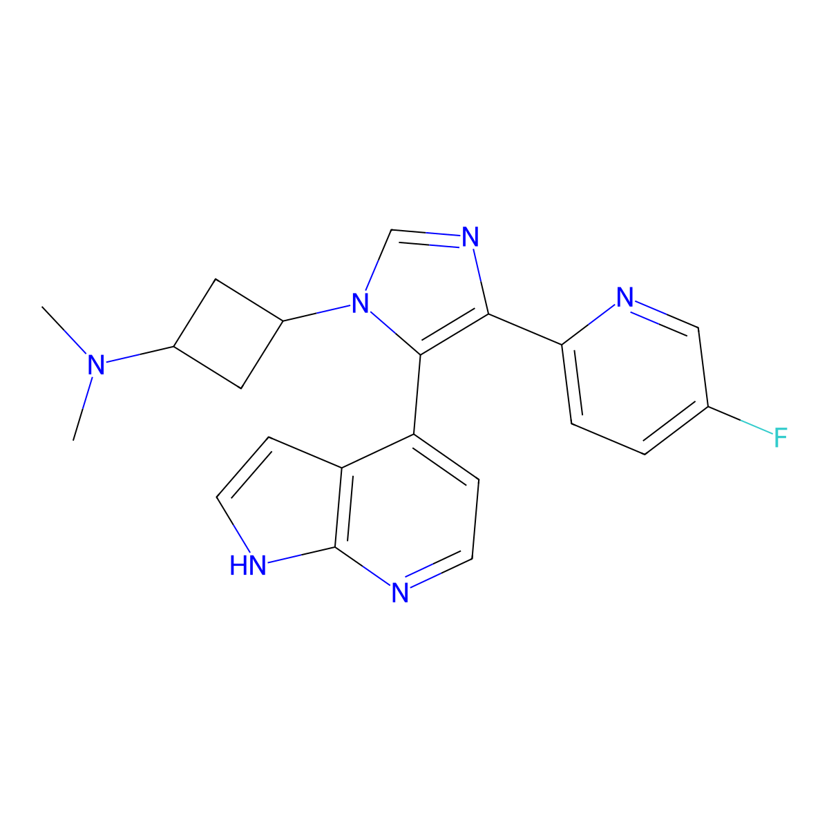 3-[4-(5-fluoro-2-pyridinyl)-5-(1H-pyrrolo[2,3-b]pyridin-4-yl)imidazol-1-yl]-N,N-dimethylcyclobutan-1-amine molecular structure, CAS 3095089-15-6