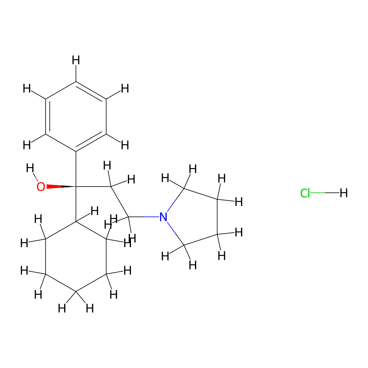 1-Cyclohexyl-1-phenyl-3-(pyrrolidin-1-yl)propan-1-ol--hydrogen chloride (1/1) molecular structure, CAS 30953-83-4
