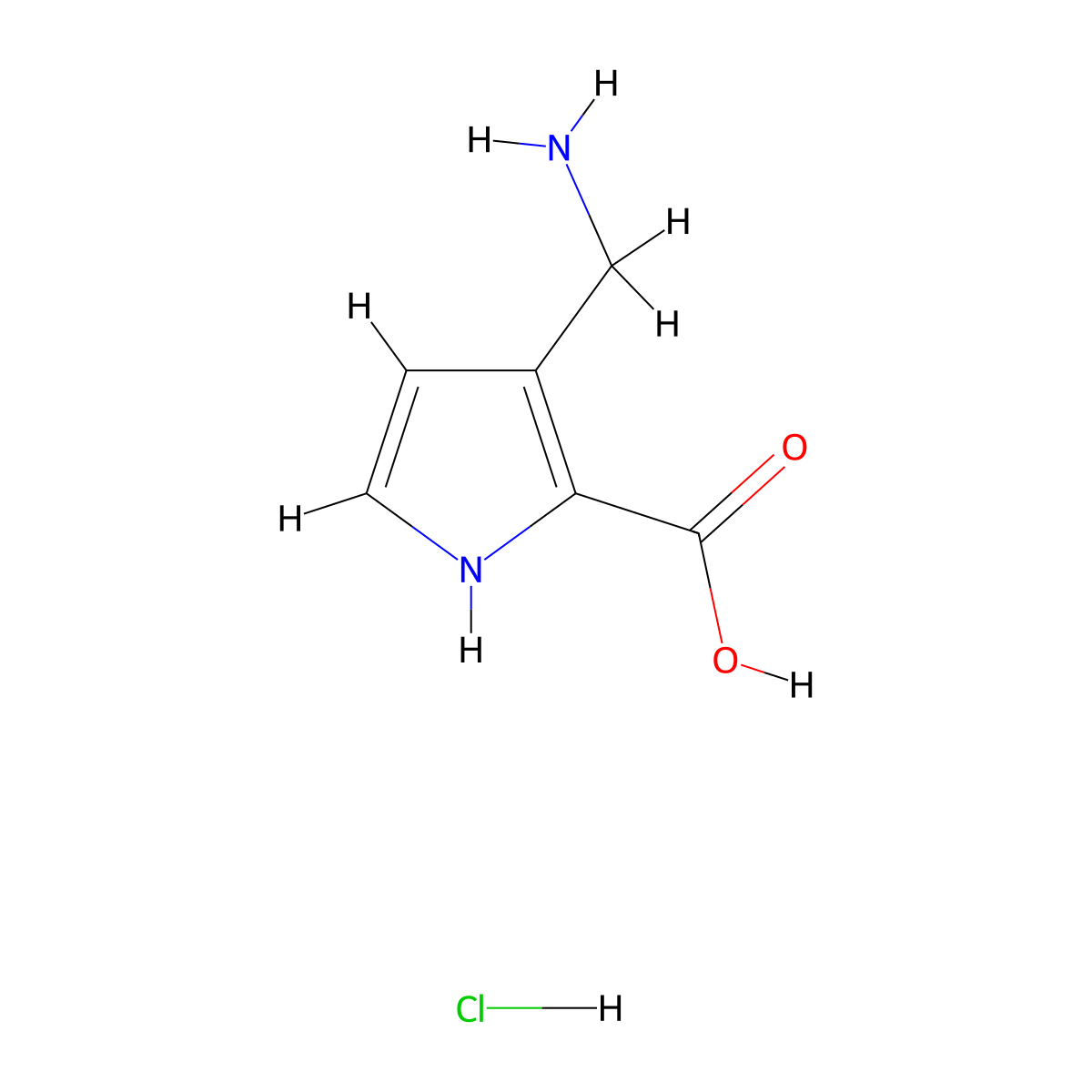 3-(aminomethyl)-1H-pyrrole-2-carboxylic acid hydrochloride molecular structure, CAS 3095877-41-8