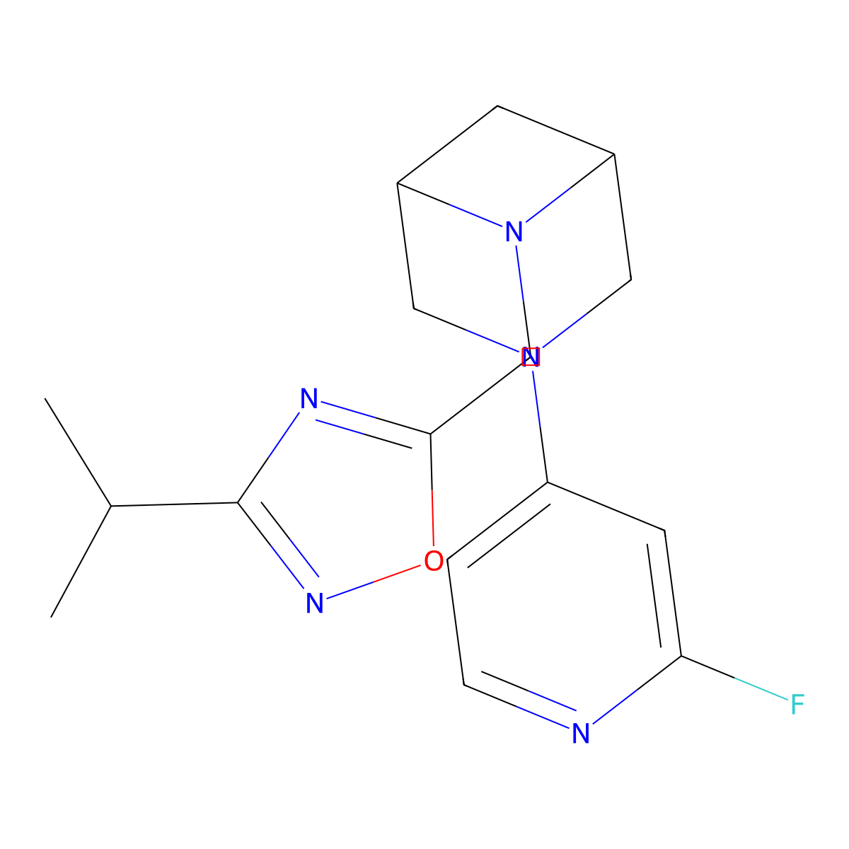 5-[[3-(2-Fluoro-4-pyridinyl)-3,6-diazabicyclo[3.1.1]heptan-6-yl]methyl]-3-propan-2-yl-1,2,4-oxadiazole molecular structure, CAS 3096562-90-9