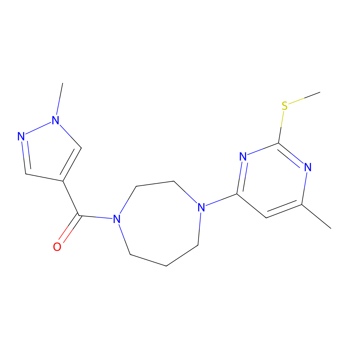 [4-(6-Methyl-2-methylsulfanylpyrimidin-4-yl)-1,4-diazepan-1-yl]-(1-methylpyrazol-4-yl)methanone molecular structure, CAS 3096599-55-9