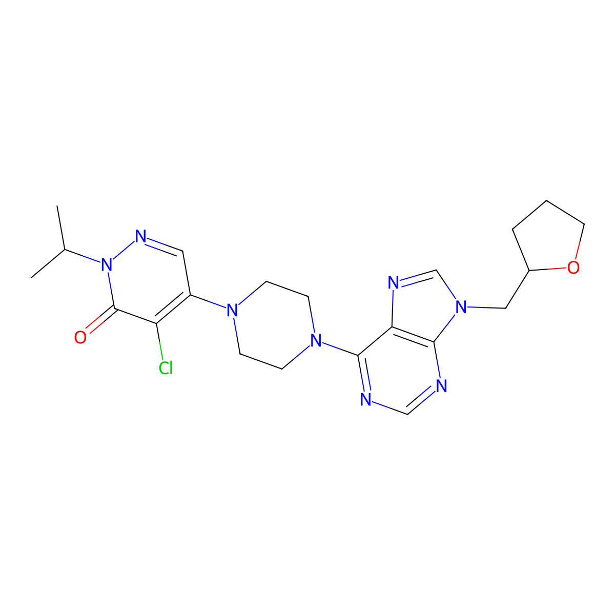 4-Chloro-5-[4-[9-(oxolan-2-ylmethyl)purin-6-yl]piperazin-1-yl]-2-propan-2-ylpyridazin-3-one molecular structure, CAS 3096607-20-1