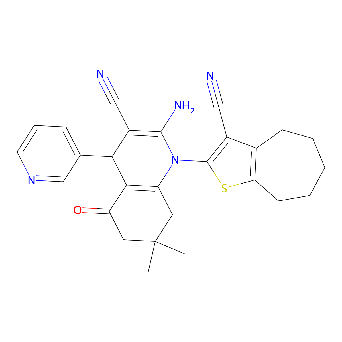 2-Amino-1-(3-cyano-5,6,7,8-tetrahydro-4H-cyclohepta(B)thien-2-YL)-7,7-DI methyl-5-oxo-4-(3-pyridinyl)-1,4,5,6,7,8-hexahydro-3-quinolinecarbonitri LE molecular structure, CAS 309720-07-8