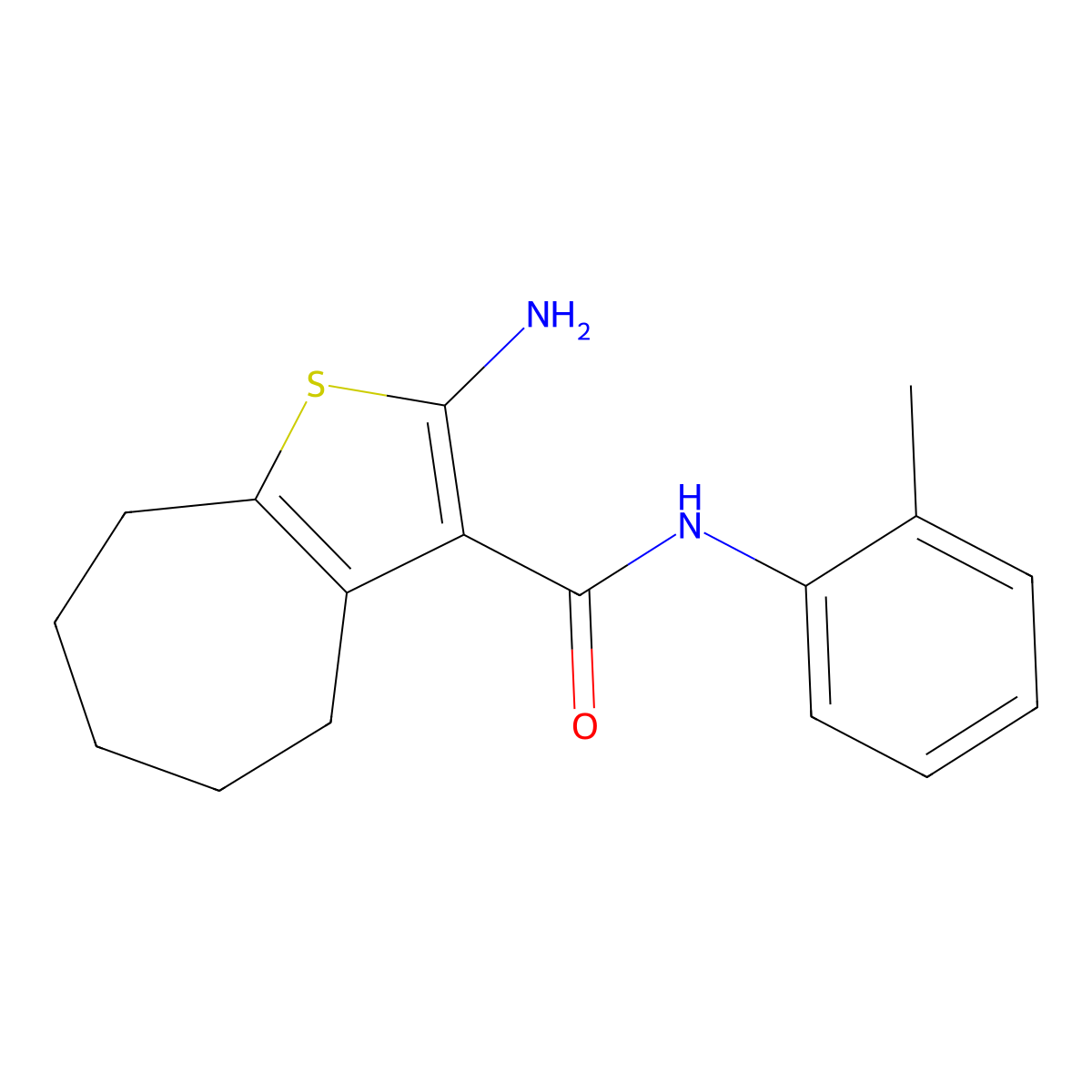 2-amino-N-(2-methylphenyl)-5,6,7,8-tetrahydro-4H-cyclohepta[b]thiophene-3-carboxamide molecular structure, CAS 309721-14-0