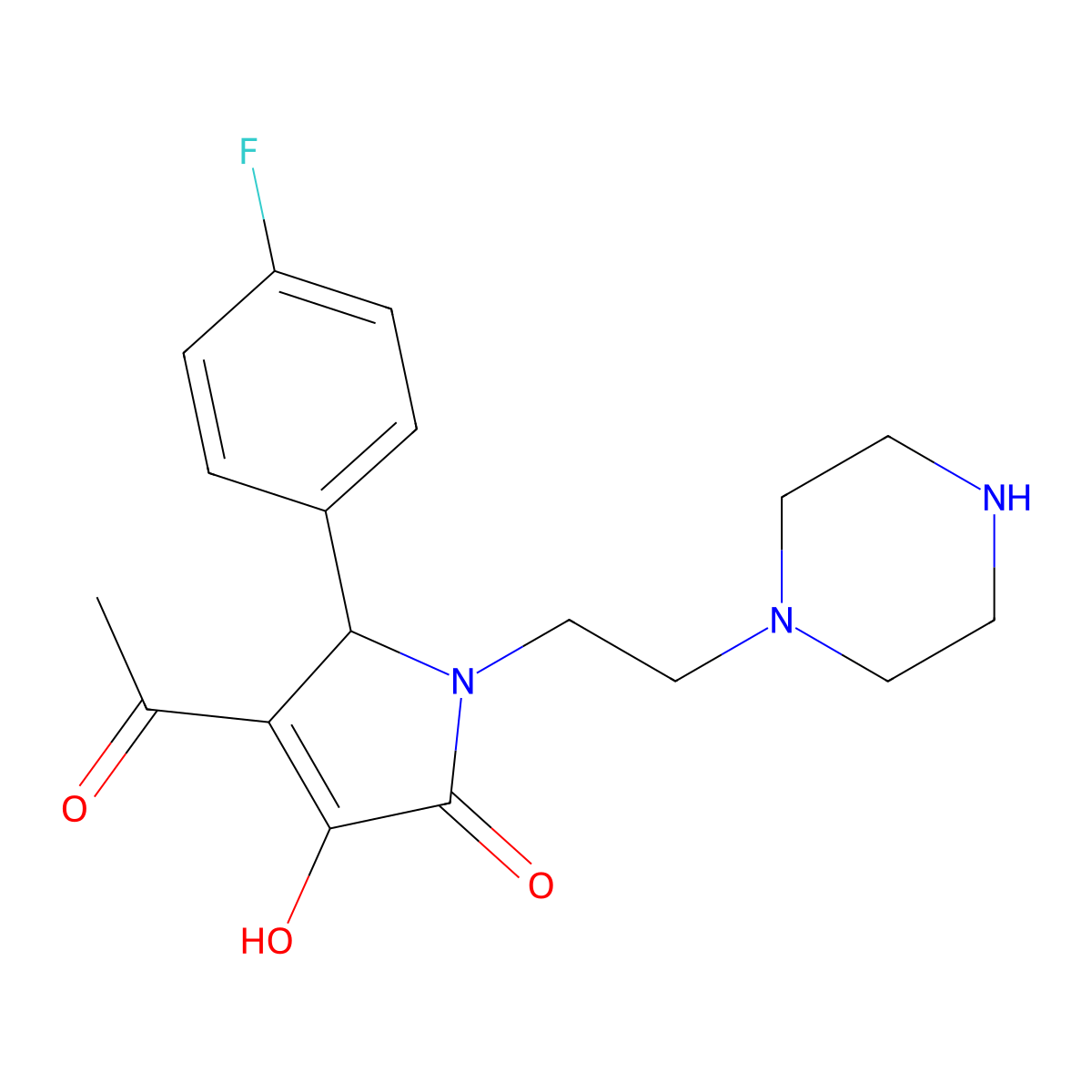 Pyrrol-2(5H)-one, 4-acetyl-5-(4-fluorophenyl)-3-hydroxy-1-[2-(1-piperazinyl)ethyl]- molecular structure, CAS 309724-51-4
