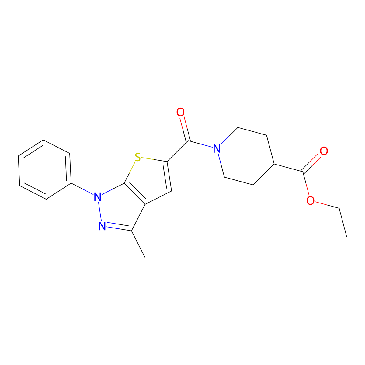 ethyl 1-(3-methyl-1-phenyl-1H-thieno[2,3-c]pyrazole-5-carbonyl)piperidine-4-carboxylate molecular structure, CAS 309726-07-6