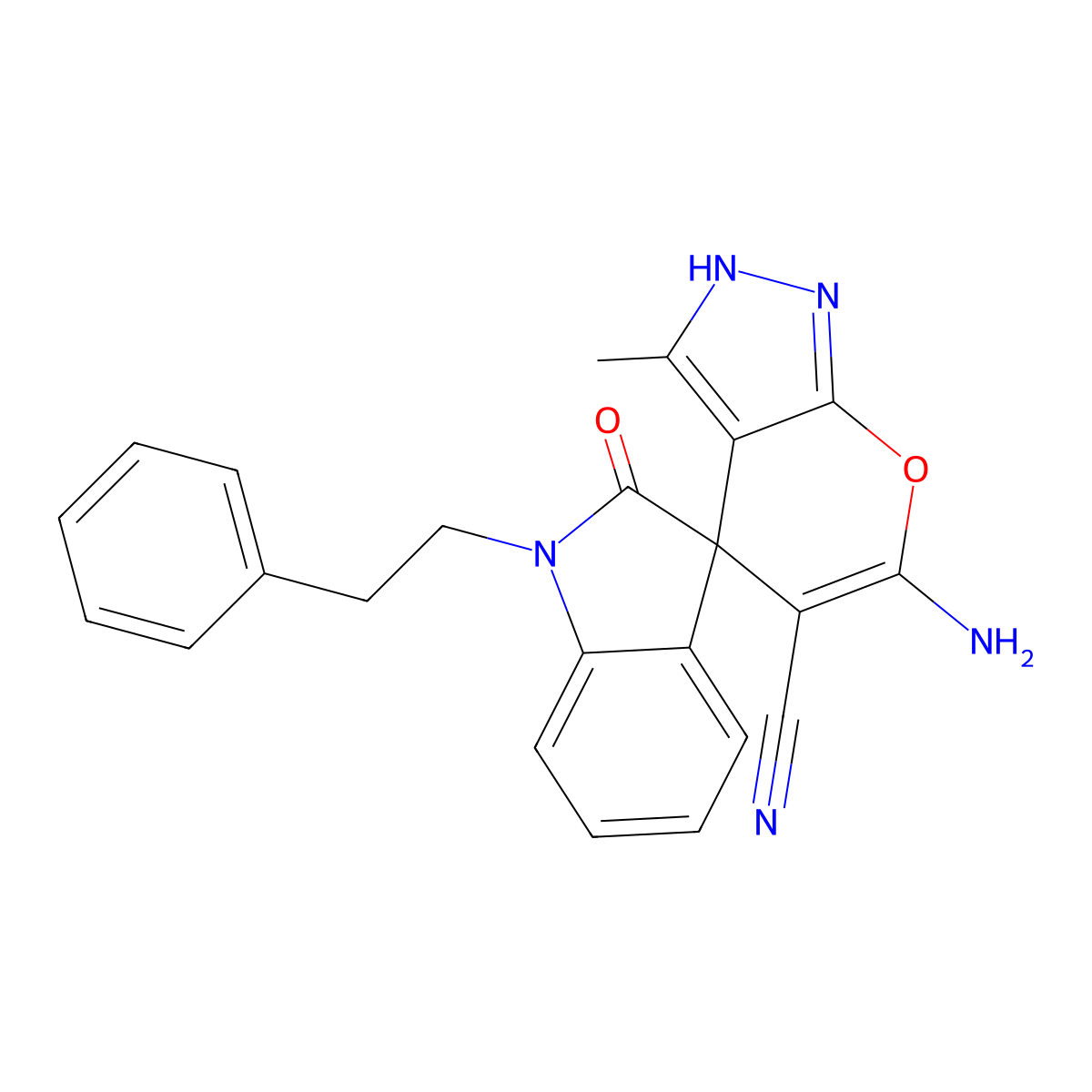 6-amino-5-cyano-3-methyl-2'-oxo-1'-phenethyl-1,1',3'4-tetrahydrospiro[pyrano[2,3-c]pyrazole-4,3'-(2'H)-indole] molecular structure, CAS 309726-57-6