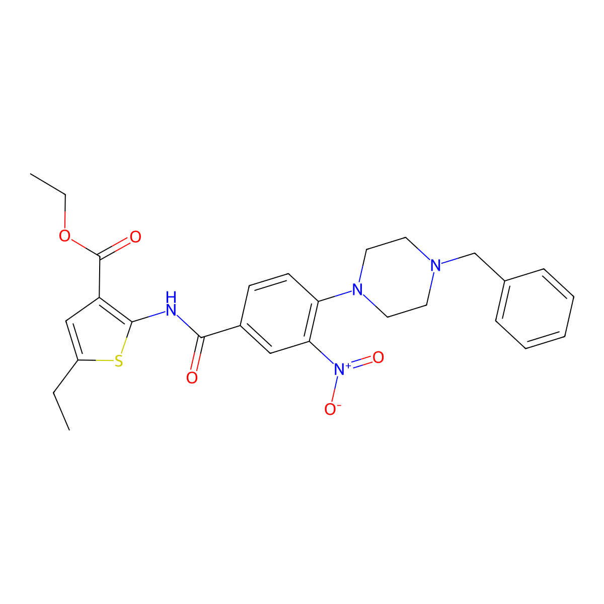 Ethyl 2-[[4-(4-benzylpiperazin-1-yl)-3-nitrobenzoyl]amino]-5-ethylthiophene-3-carboxylate molecular structure, CAS 309728-02-7