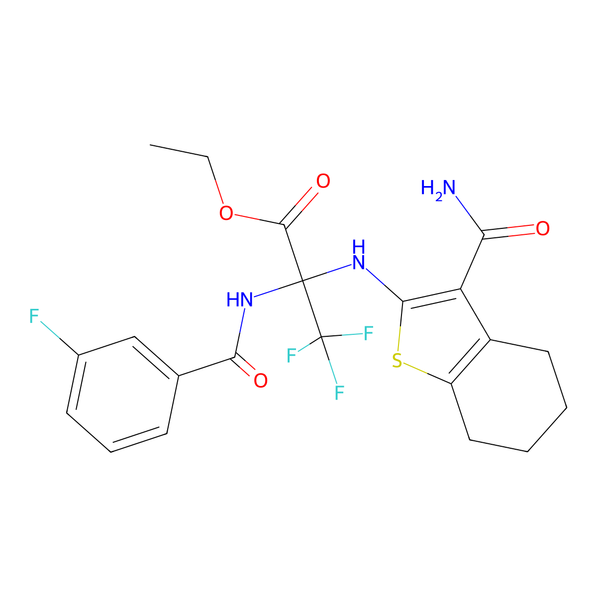 Ethyl 2-{[3-(aminocarbonyl)-4,5,6,7-tetrahydro-1-benzothien-2-yl]amino}-3,3,3-trifluoro-2-[(3-fluorobenzoyl)amino]propanoate molecular structure, CAS 309730-86-7