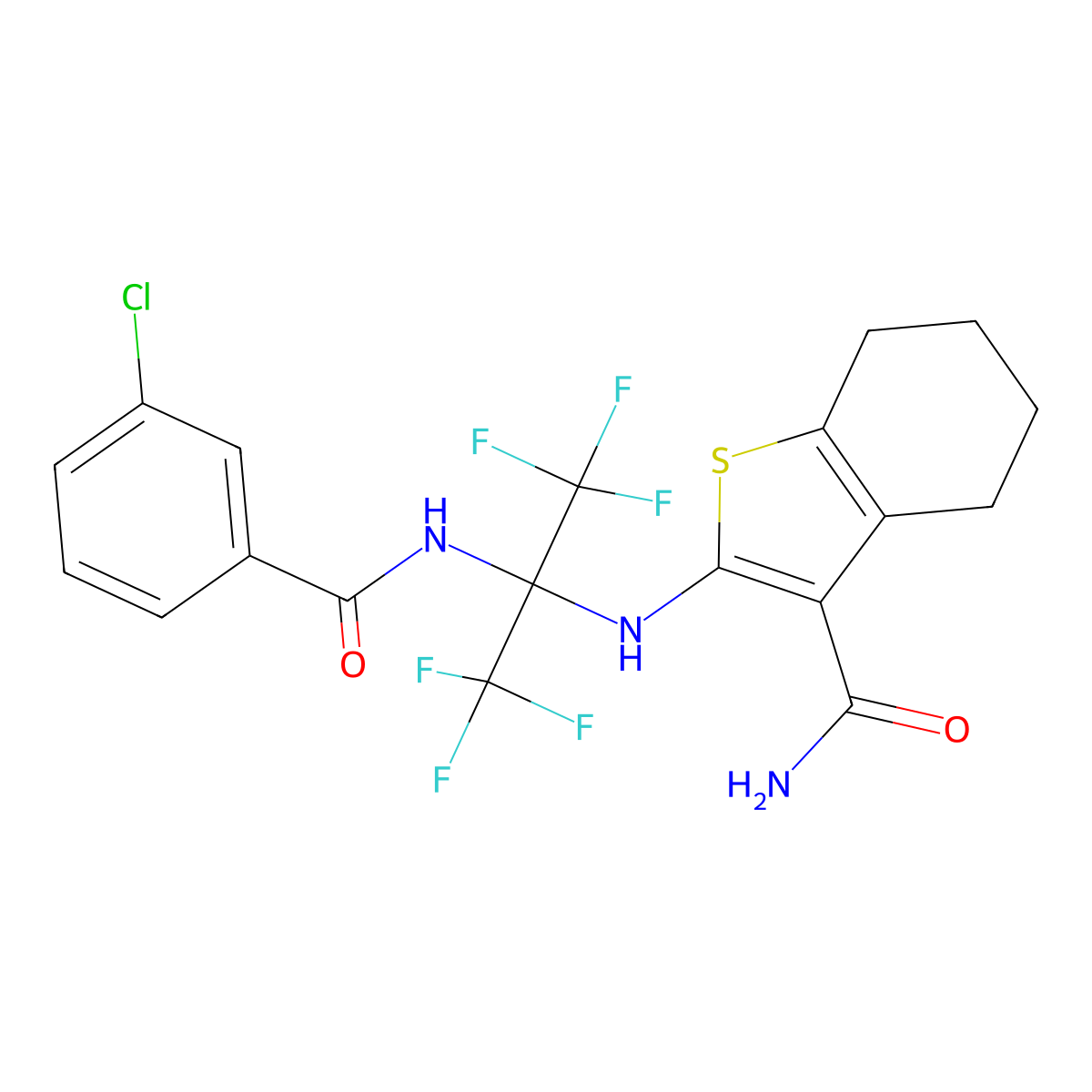 2-[[2-[(3-Chlorobenzoyl)amino]-1,1,1,3,3,3-hexafluoropropan-2-yl]amino]-4,5,6,7-tetrahydro-1-benzothiophene-3-carboxamide molecular structure, CAS 309731-52-0