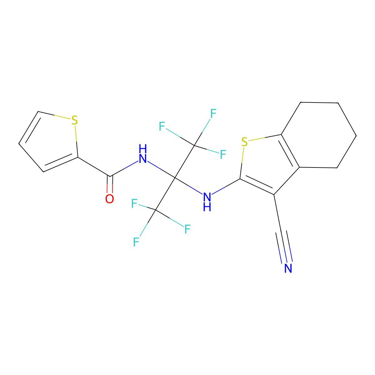 N-[2-[(3-cyano-4,5,6,7-tetrahydro-1-benzothiophen-2-yl)amino]-1,1,1,3,3,3-hexafluoropropan-2-yl]thiophene-2-carboxamide molecular structure, CAS 309731-56-4