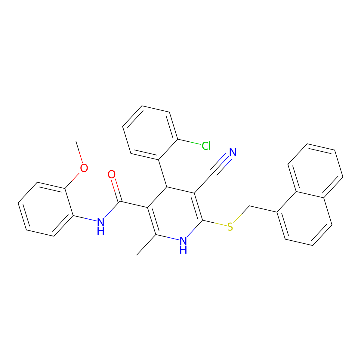 4-(2-chlorophenyl)-5-cyano-N-(2-methoxyphenyl)-2-methyl-6-((naphthalen-1-ylmethyl)thio)-1,4-dihydropyridine-3-carboxamide molecular structure, CAS 309732-25-0