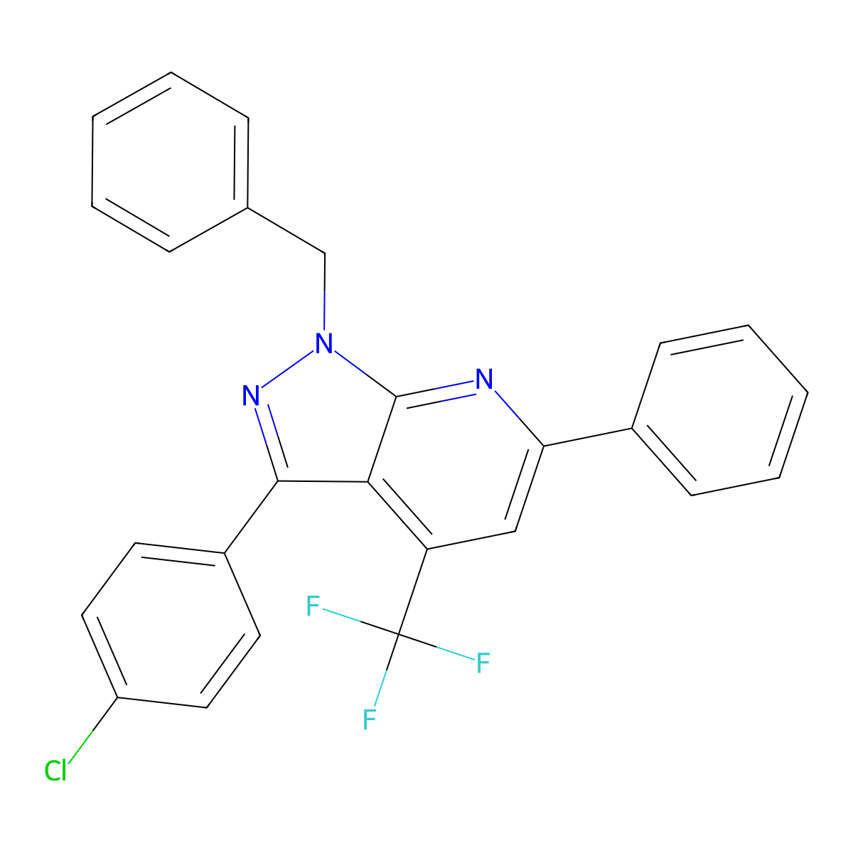 1-benzyl-3-(4-chlorophenyl)-6-phenyl-4-(trifluoromethyl)-1H-pyrazolo[3,4-b]pyridine molecular structure, CAS 309732-94-3