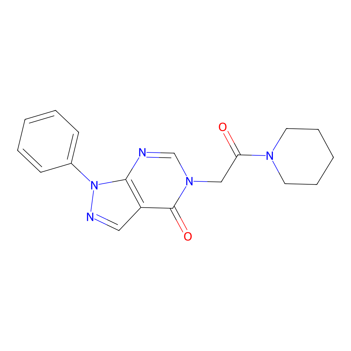 4H-Pyrazolo[3,4-d]pyrimidin-4-one, 1,5-dihydro-1-phenyl-5-[2-(1-piperidyl)-2-oxoethyl]- molecular structure, CAS 309735-28-2