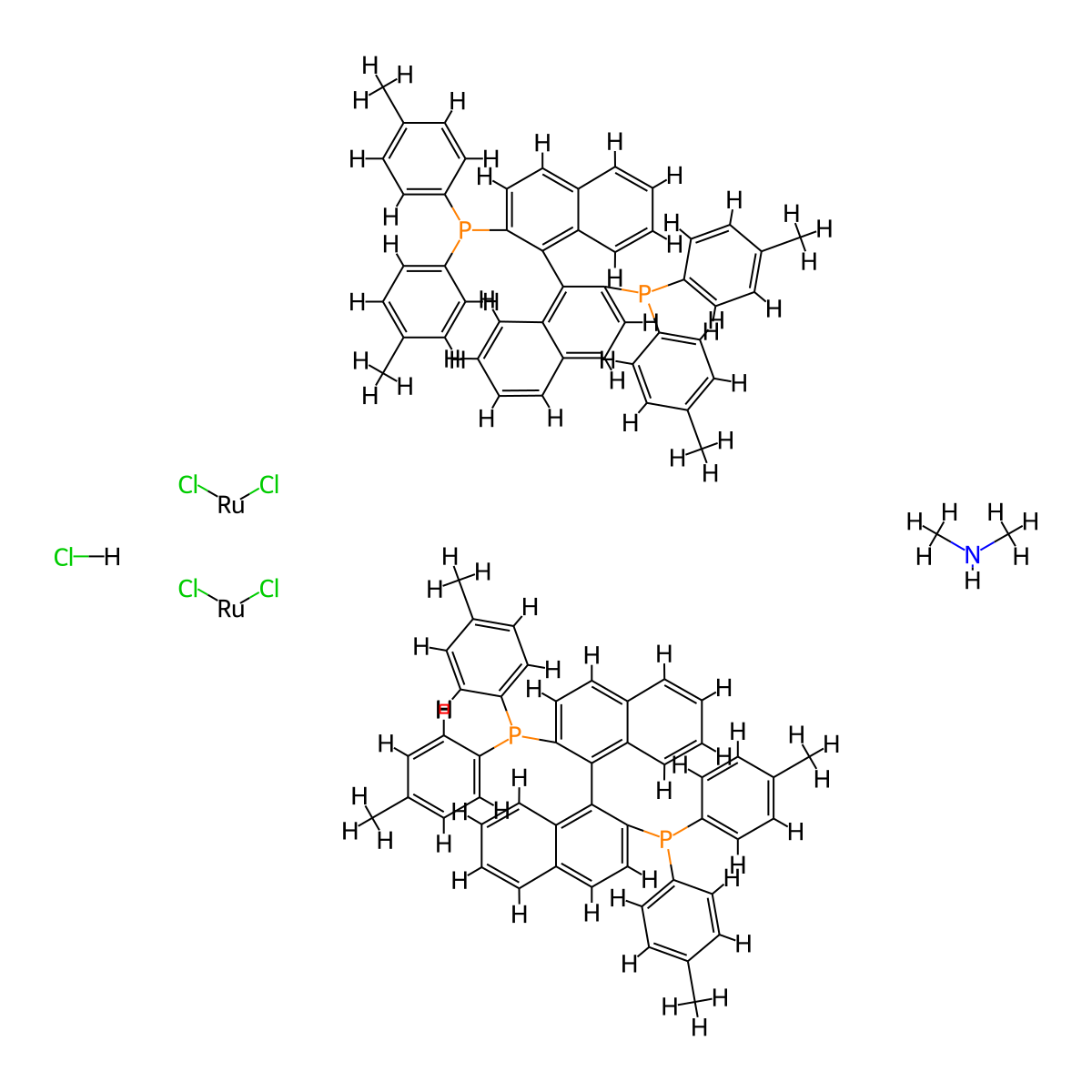 [1-[2-bis(4-methylphenyl)phosphanylnaphthalen-1-yl]naphthalen-2-yl]-bis(4-methylphenyl)phosphane;dichlororuthenium;N-methylmethanamine;hydrochloride molecular structure, CAS 309735-86-2