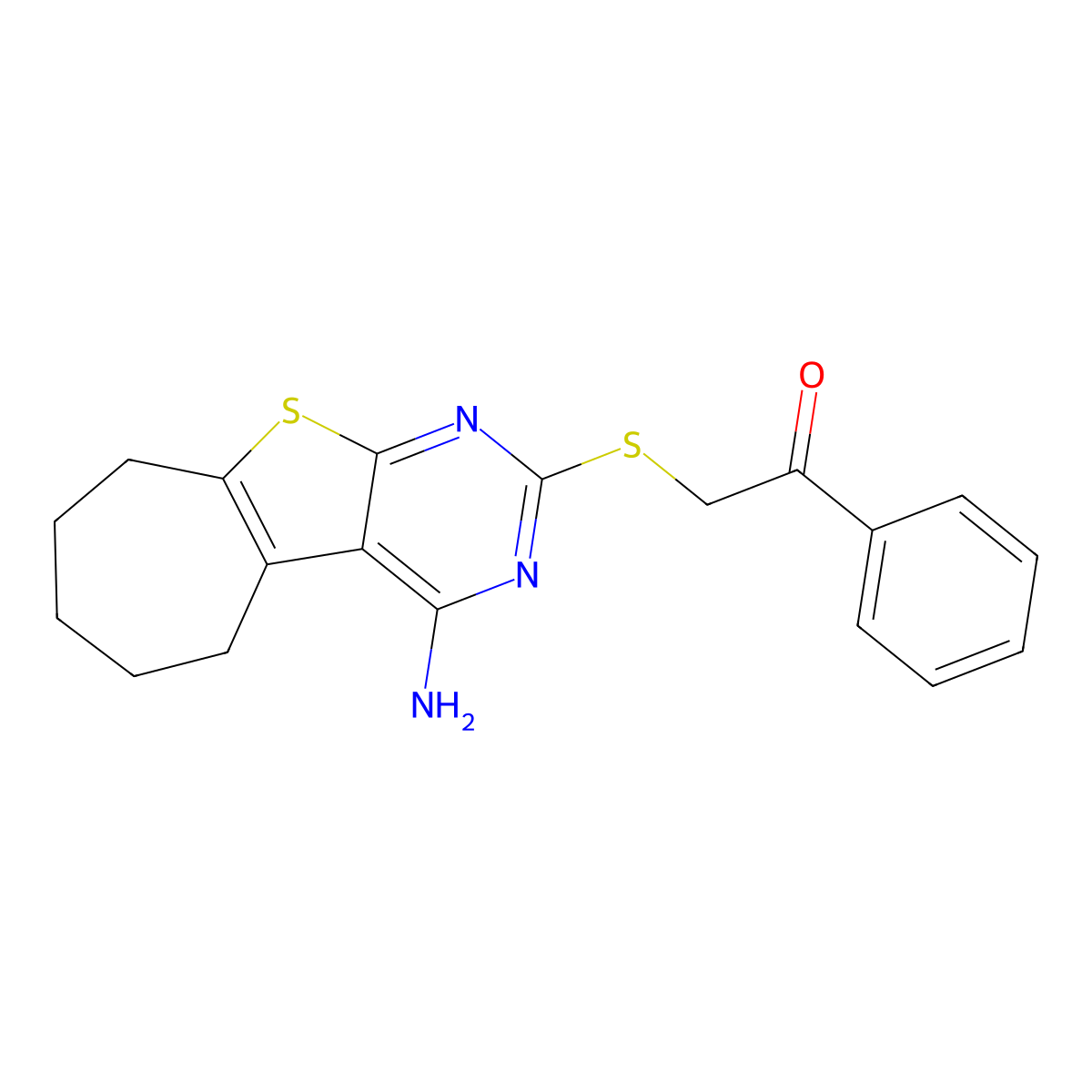 2-[(4-amino-6,7,8,9-tetrahydro-5H-cyclohepta[4,5]thieno[2,3-d]pyrimidin-2-yl)sulfanyl]-1-phenylethanone molecular structure, CAS 309741-50-2