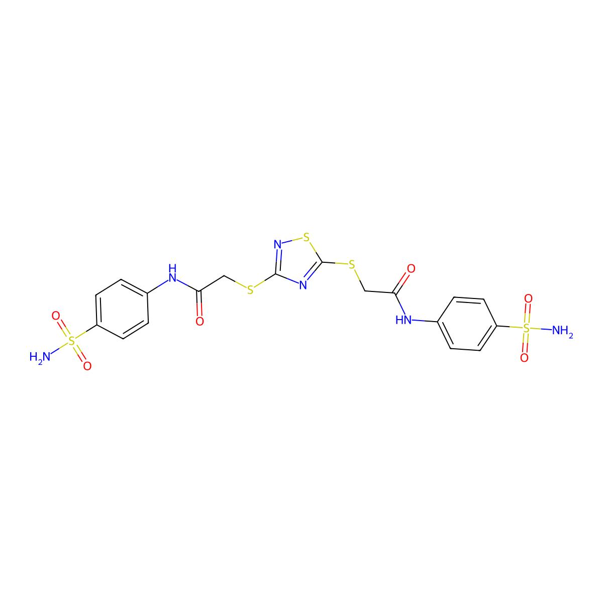 2-{[3-({2-[4-(Aminosulfonyl)anilino]-2-oxoethyl}sulfanyl)-1,2,4-thiadiazol-5-YL]sulfanyl}-N-[4-(aminosulfonyl)phenyl]acetamide molecular structure, CAS 309742-12-9
