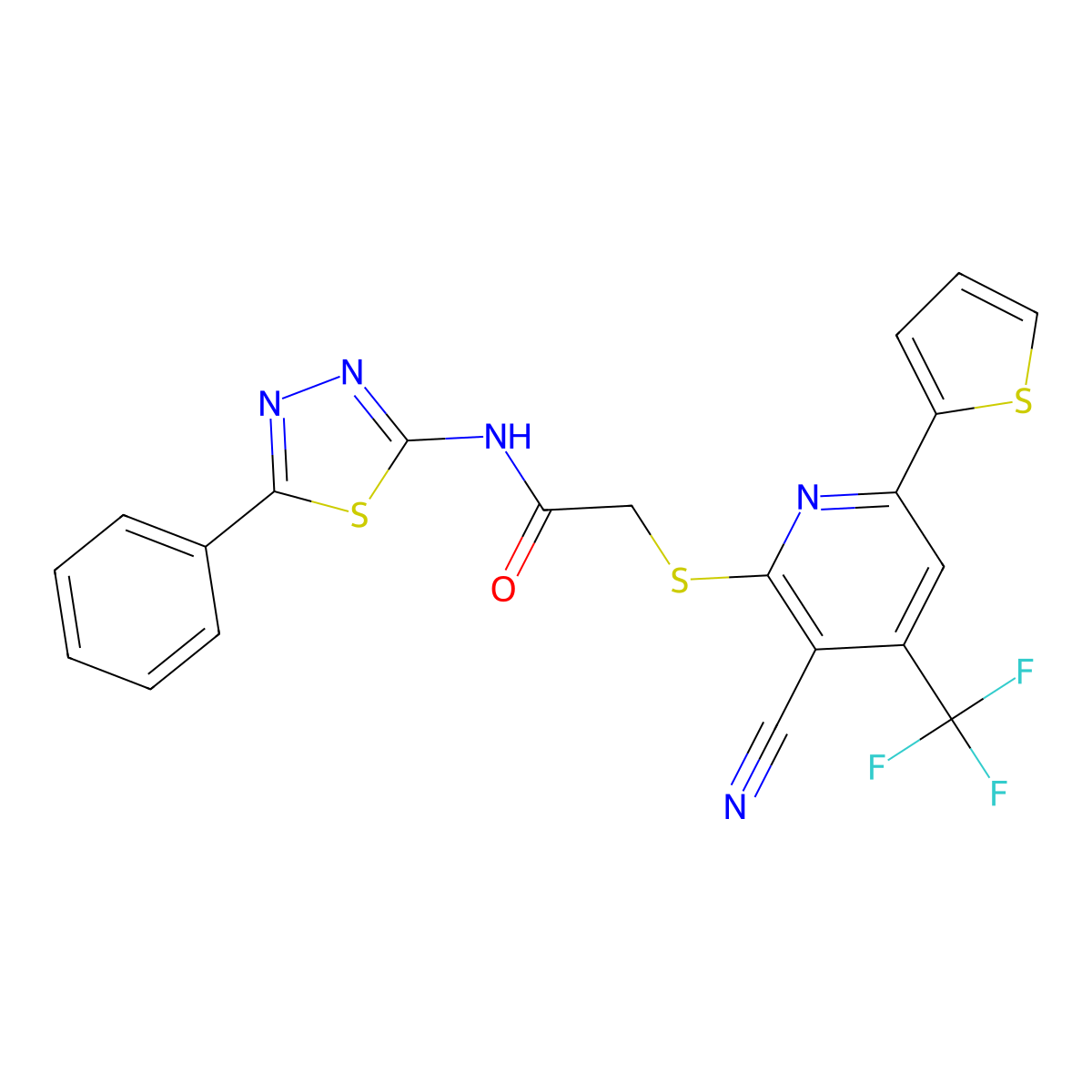 2-{[3-Cyano-6-(2-thienyl)-4-(trifluoromethyl)-2-pyridinyl]sulfanyl}-N-(5-phenyl-1,3,4-thiadiazol-2-YL)acetamide molecular structure, CAS 309745-18-4