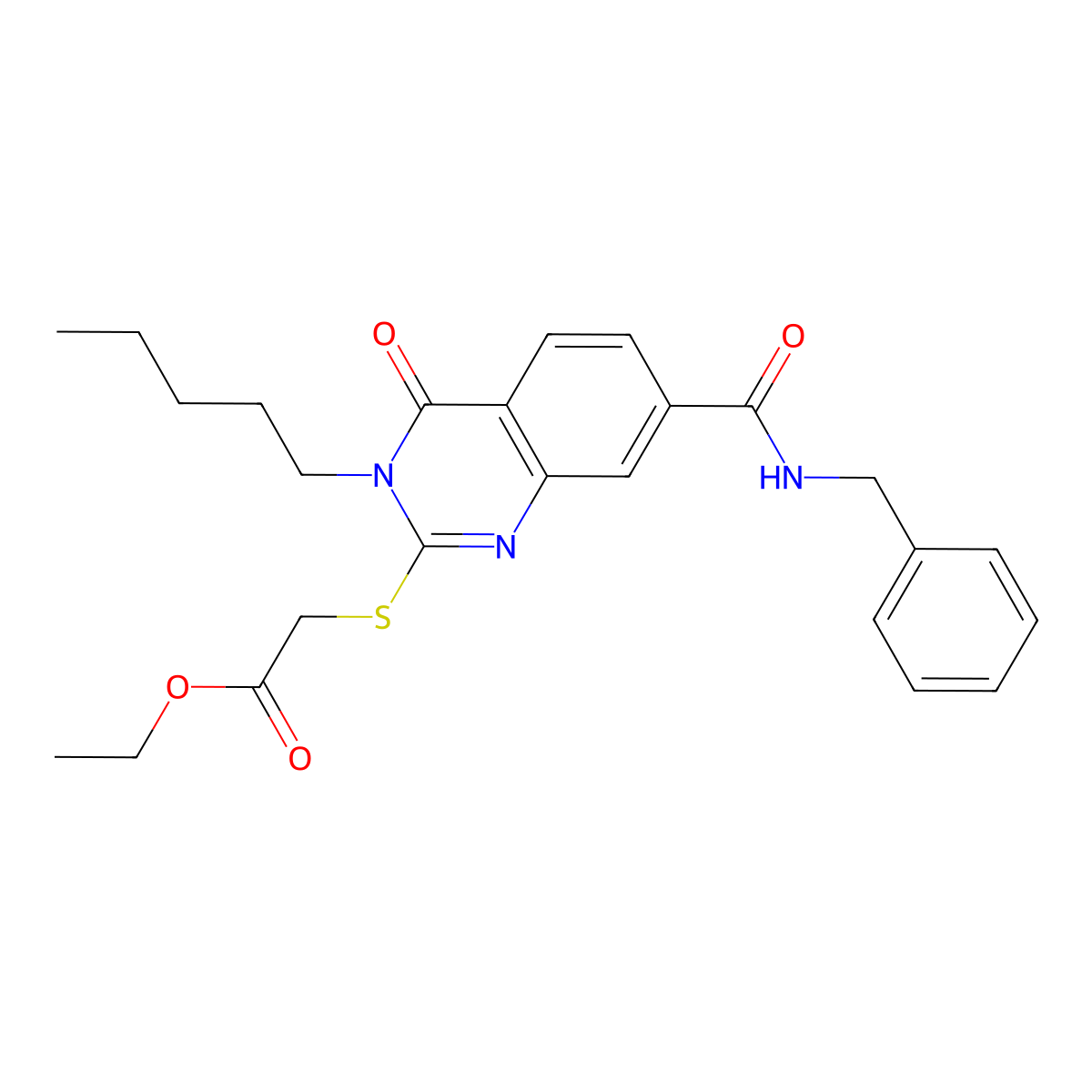 Ethyl 2-((7-(benzylcarbamoyl)-4-oxo-3-pentyl-3,4-dihydroquinazolin-2-yl)thio)acetate molecular structure, CAS 309749-72-2